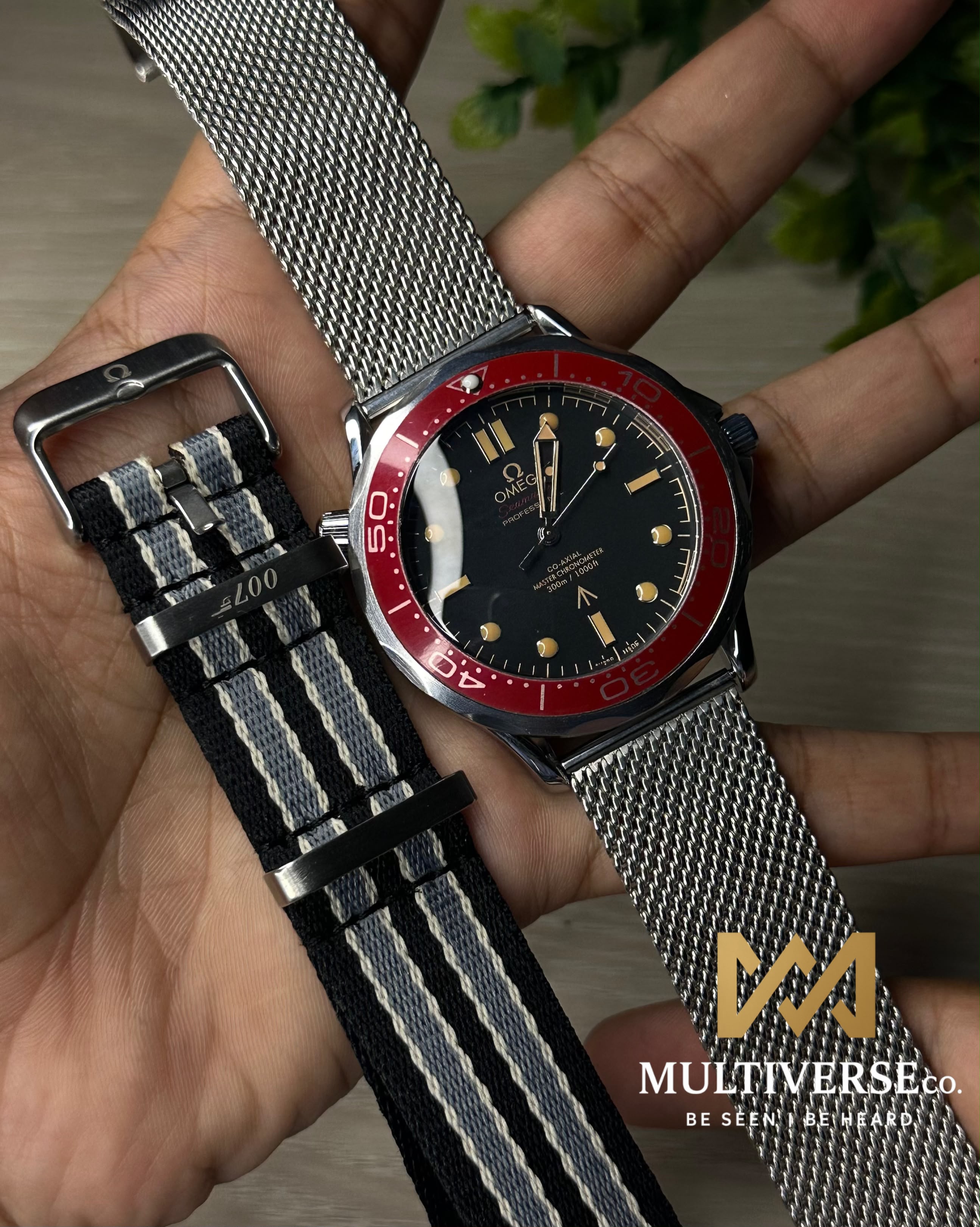 OMEGA 007 JAMES BOND EDITION MESH STRAP BLACK DIAL RED BEZEL WATCH FREE NATO STRAP_img_0