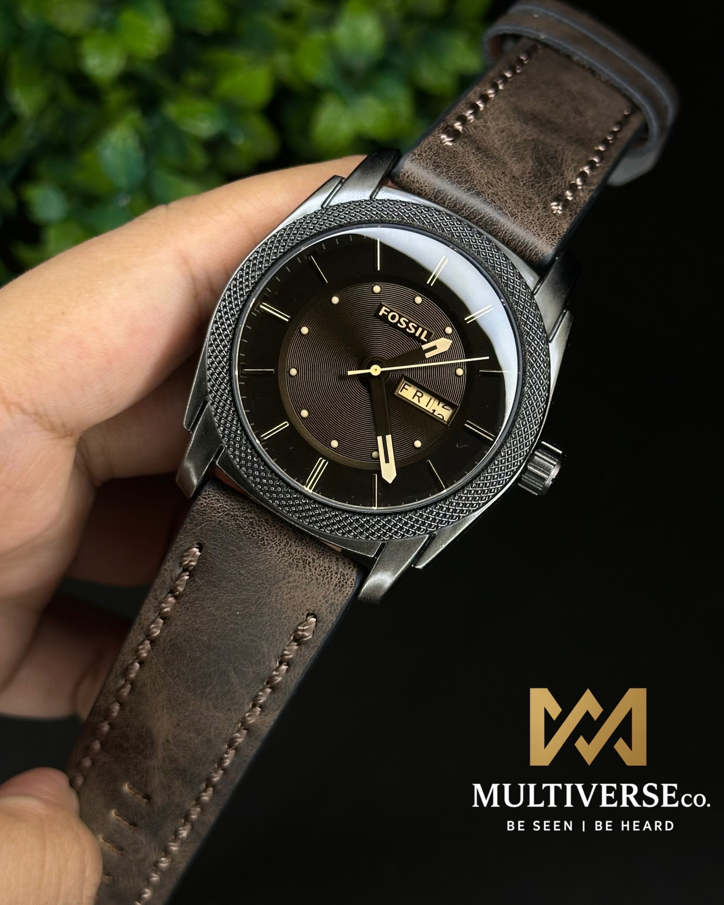 FOSSIL MACHINE DAY-DATE BLACKOUT BROWN BELT (AA)_img_0