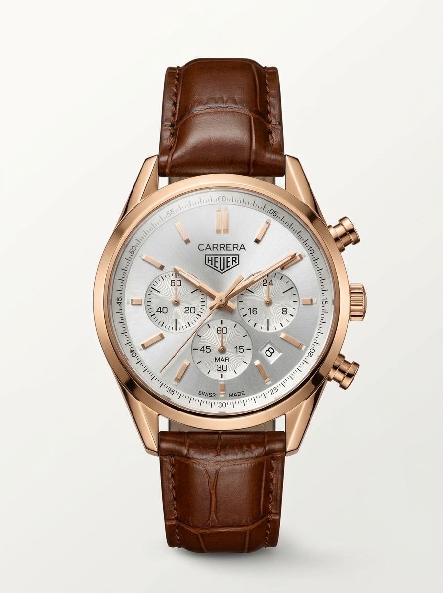 TAG HEUER CARRERA CHRONO TRI-COMPAX BROWN BELT ROSE GOLD CASE WATCH (AA)