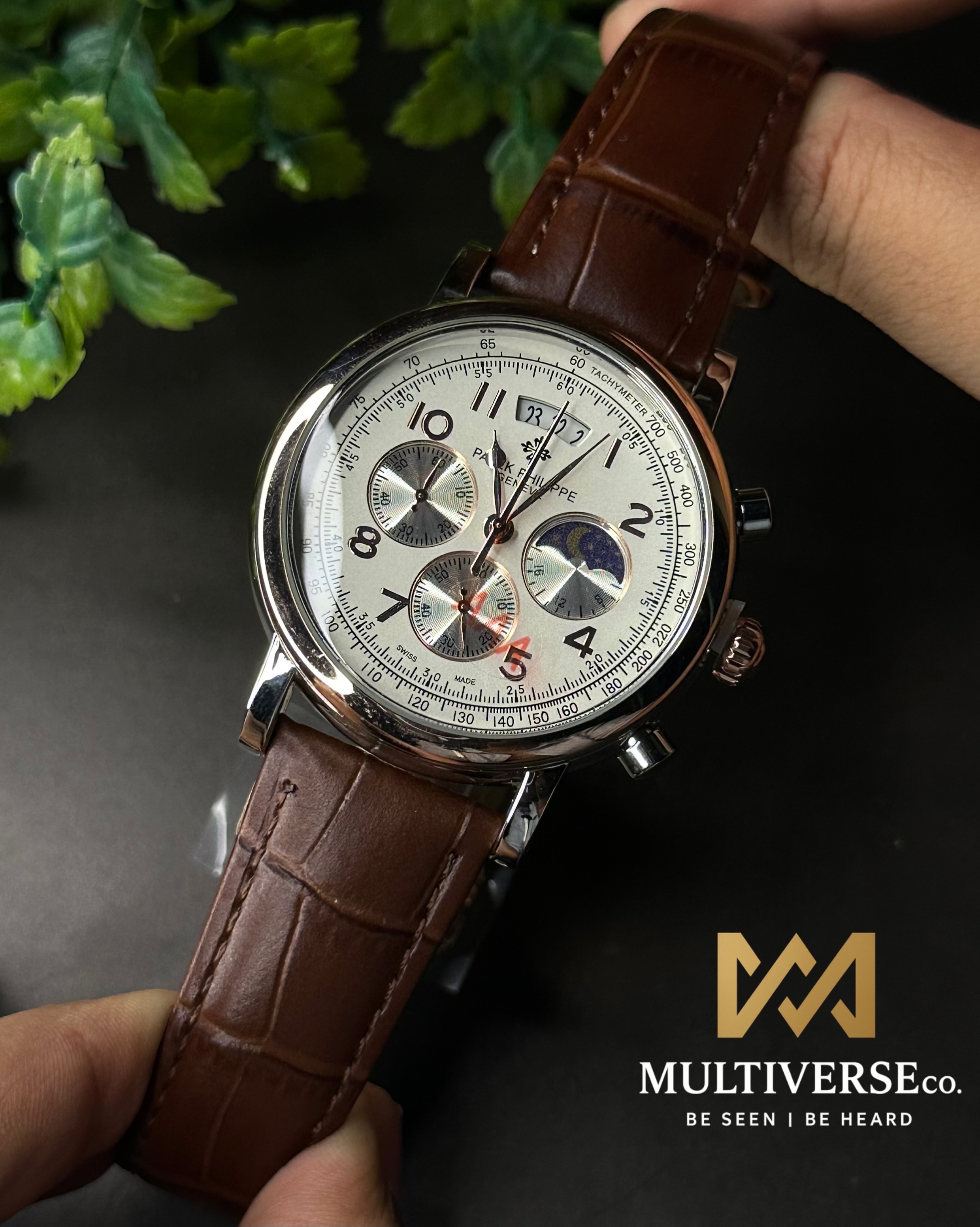 PATEK PHILIPPE | BROWN BELT WHITE DIAL GOLD CASE | CLASS)  MULTI-FUNCTION MOONPlHASE CHRONOGRAPH | (HOMAGE) AA