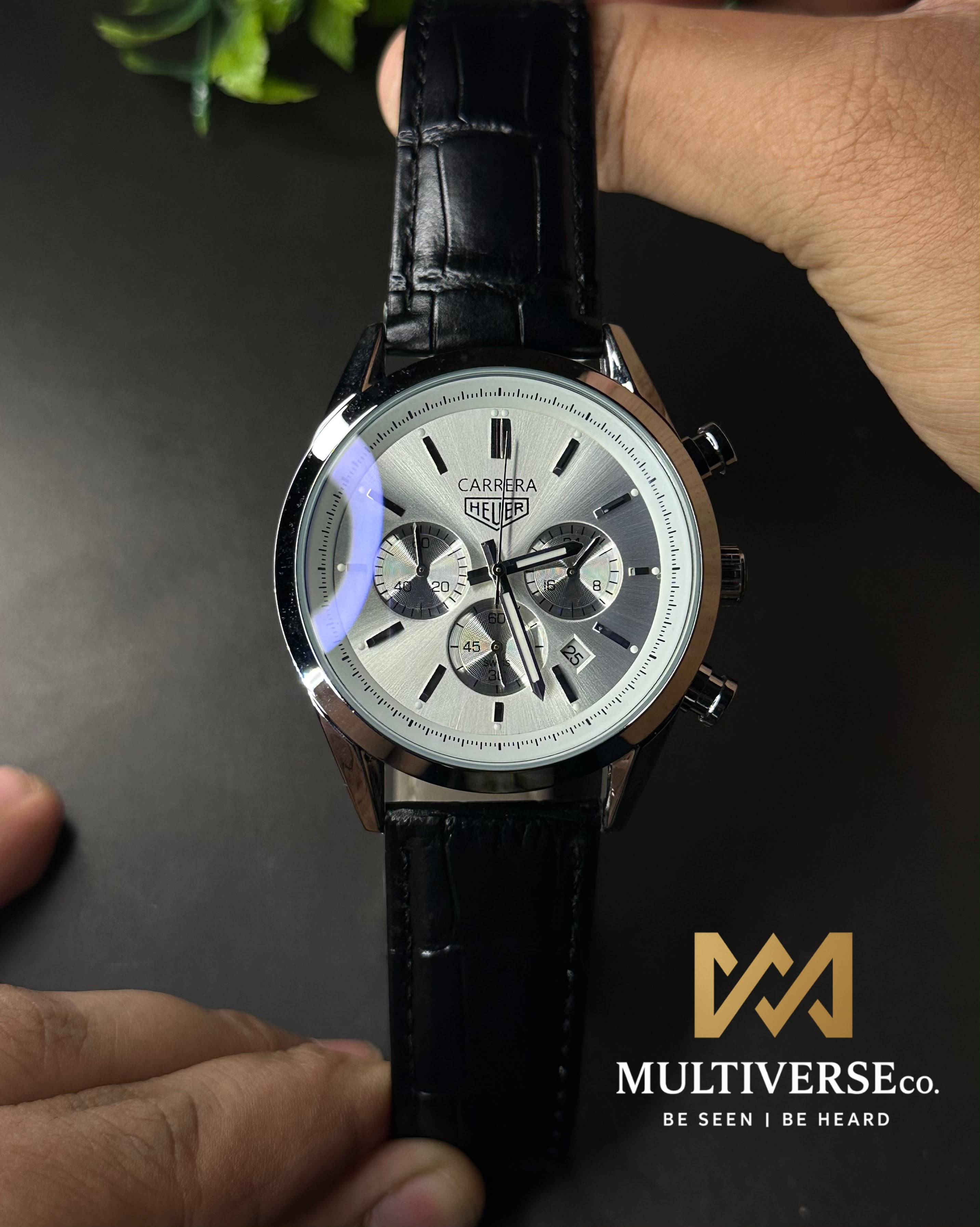 TAG HEUER CARRERA 3 CHRONO BI-COMPAX BLACK BELT SILVER CASE SILVER DIAL WATCH_img_1