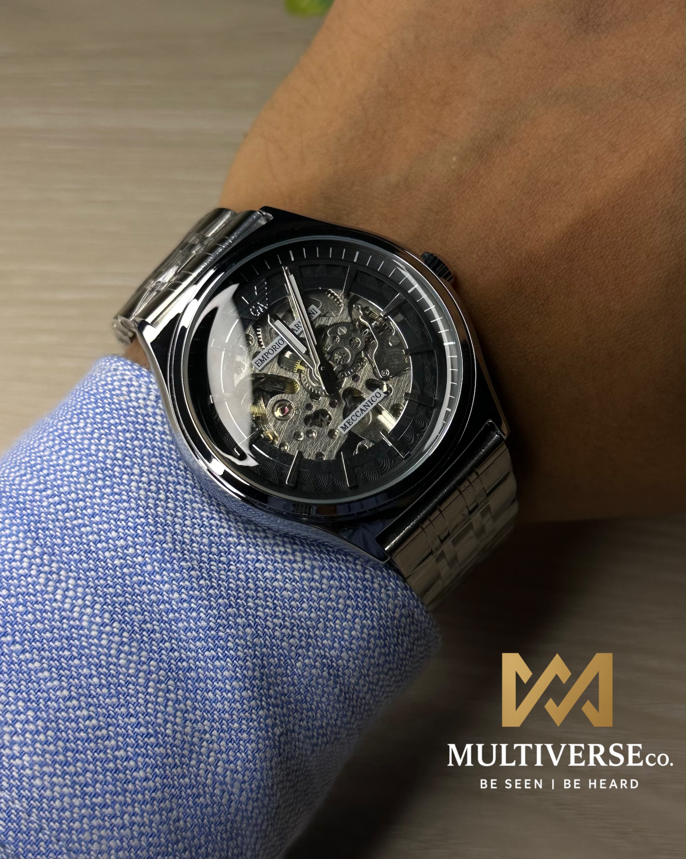 EMPORIO ARMANI SKELETON BLACK DIAL SILVER TONE WATCH_img_2