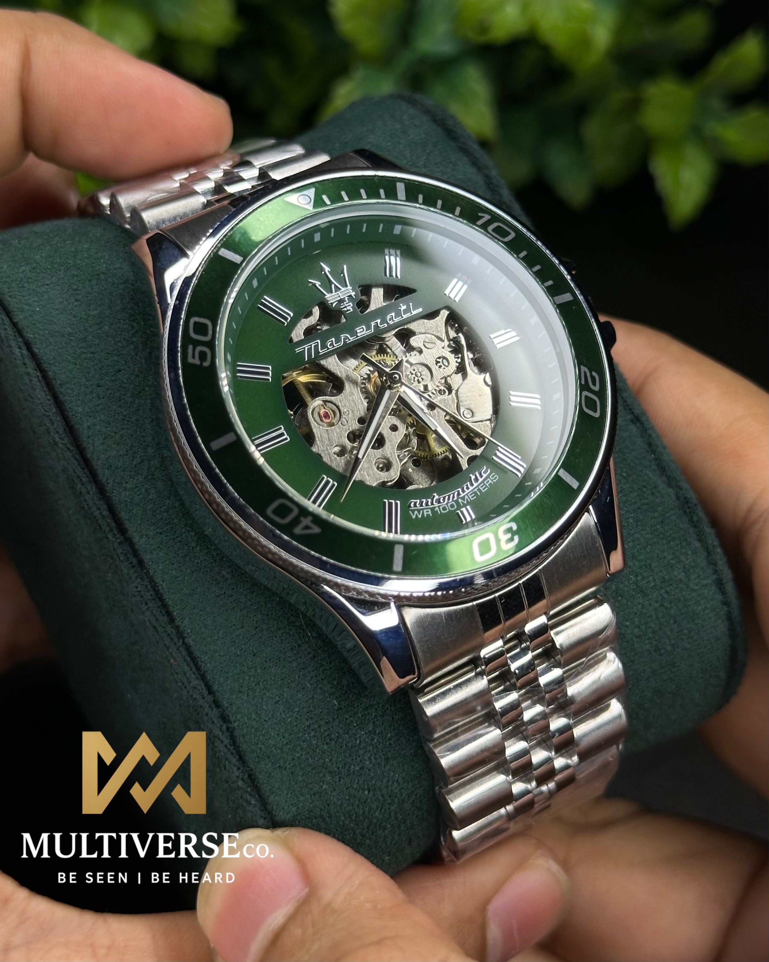MASERATI GREEN SKELETON AUTOMATIC SILVER TONE WATCH