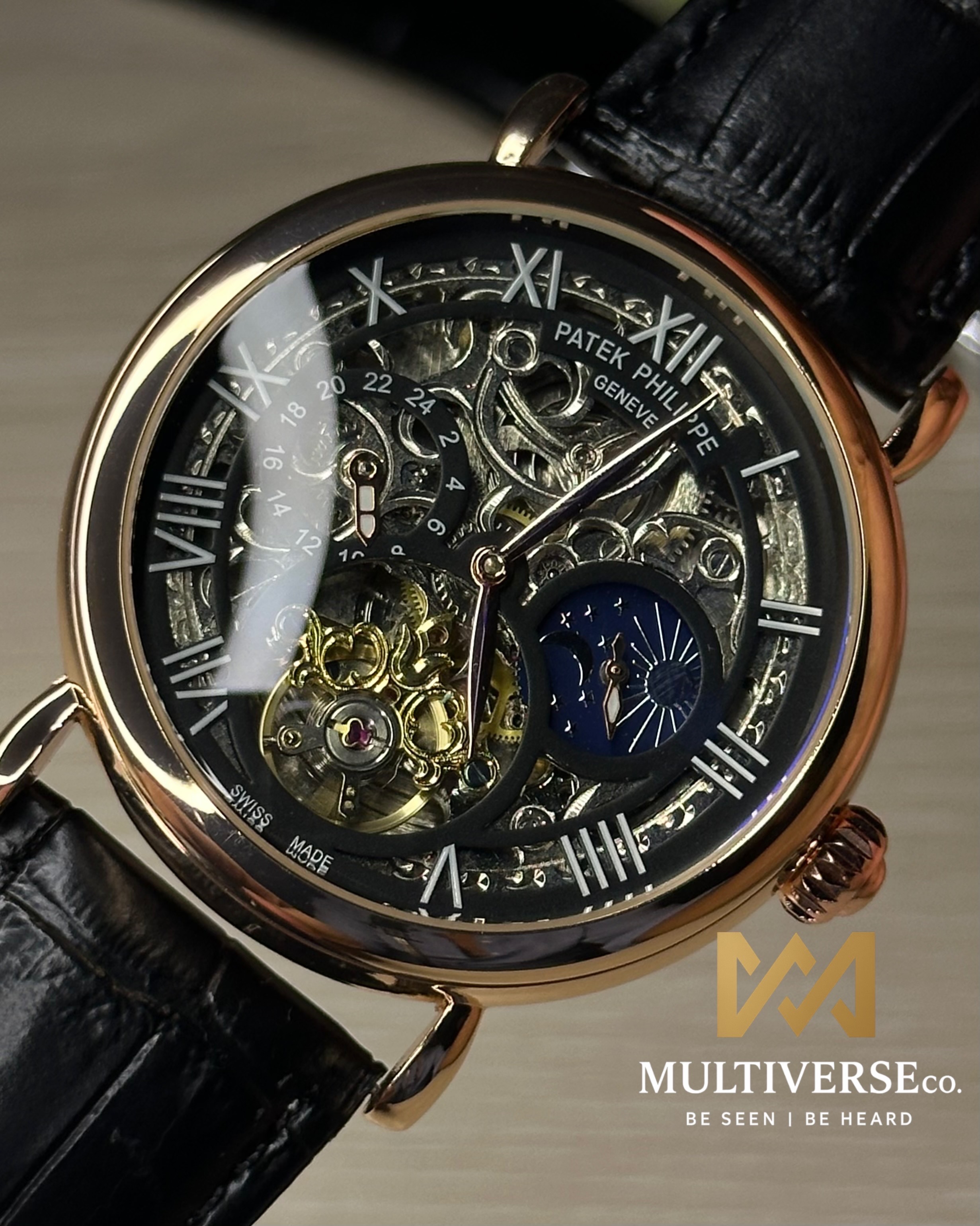 PATEK PHILIPPE SKELETON TOURBILLON BLACK LEATHER GOLDEN TONE BLACK DIAL WATCH_img_3