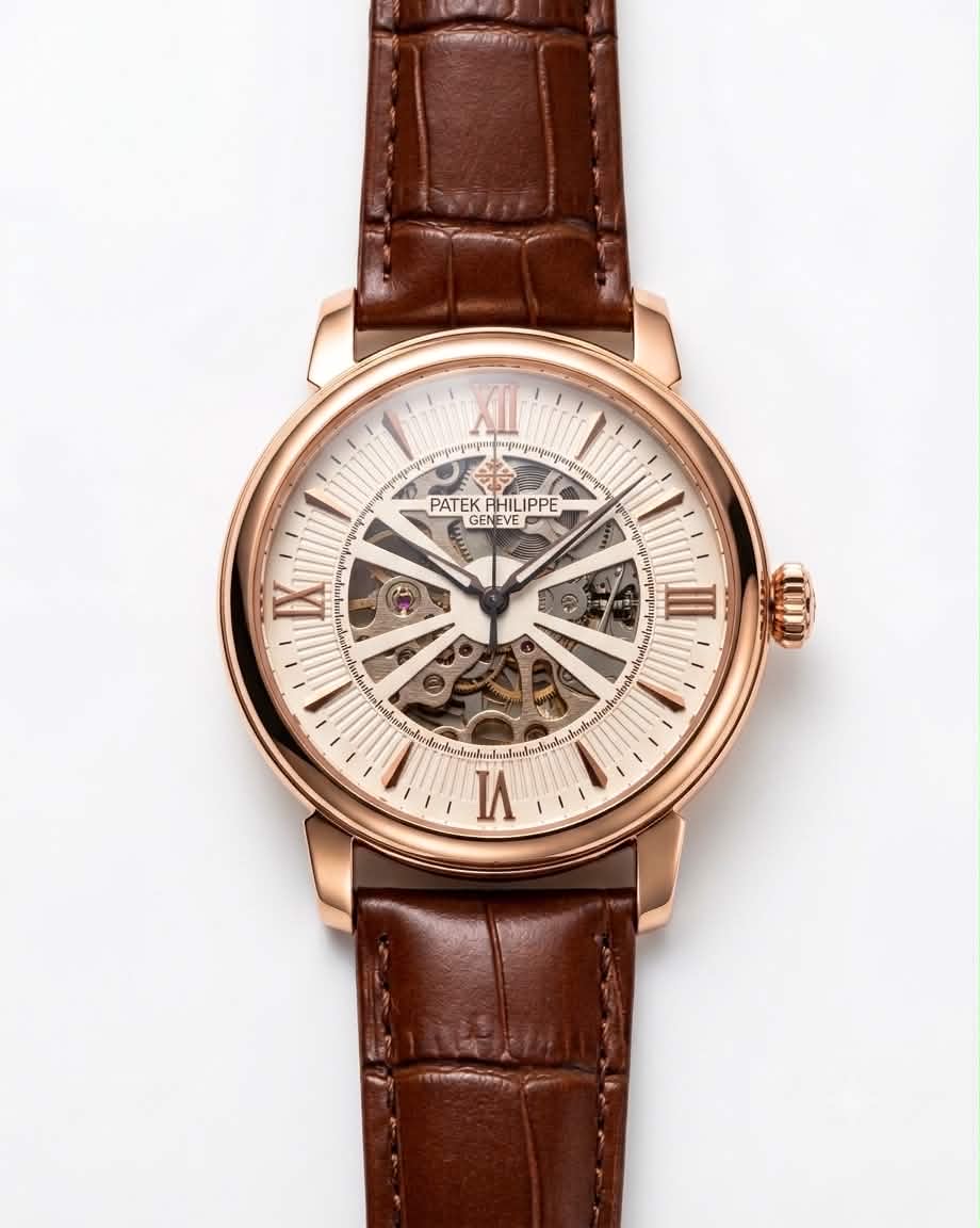 PATEK PHILIPPE SKELETON ROMAN BROWN LEATHER ROSE GOLD TONE WATCH (AA)