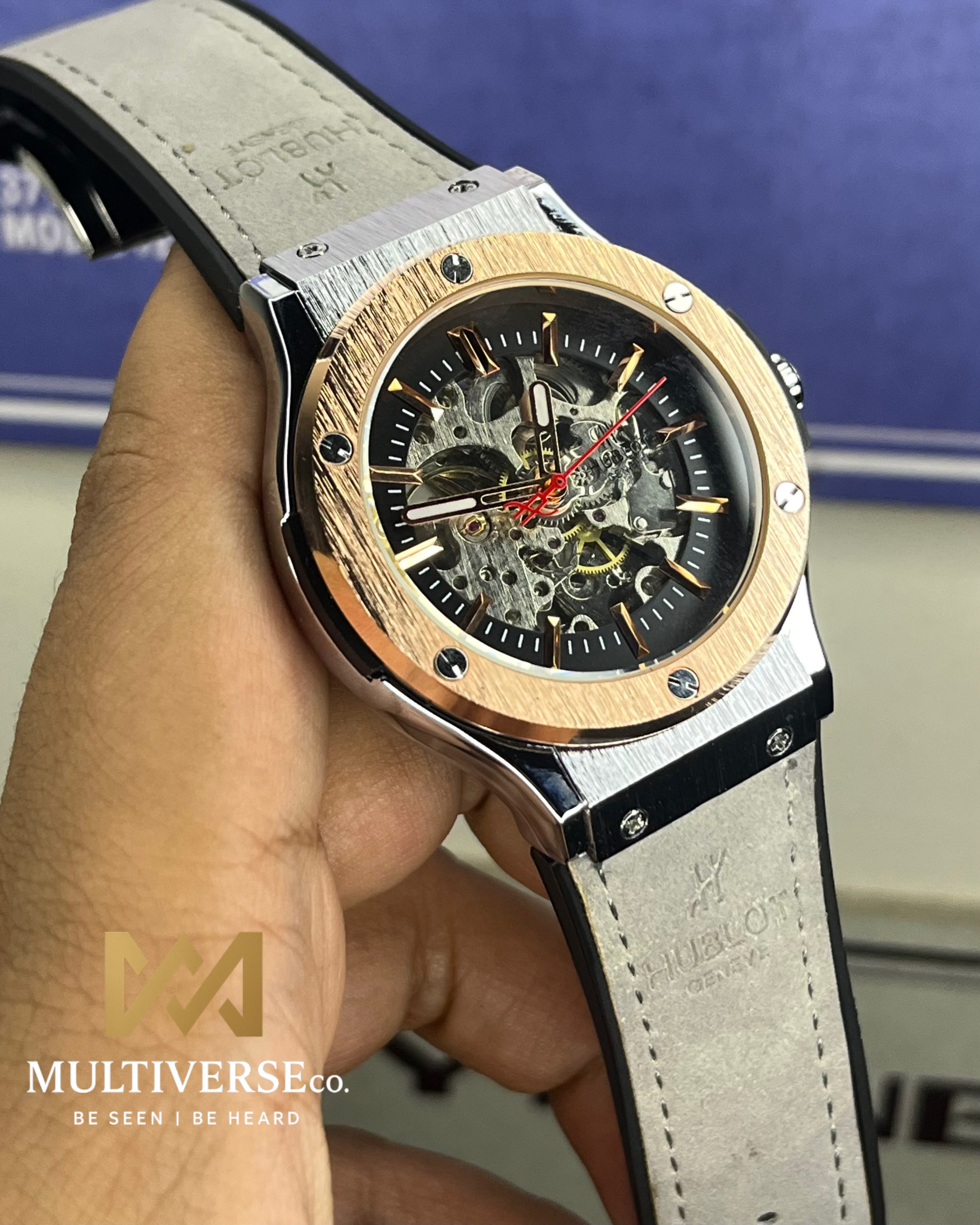 HUBLOT CLASSIC FUSION ROSE GOLD BEZEL BLACK BELT AUTOMATIC SKELETON WATCH