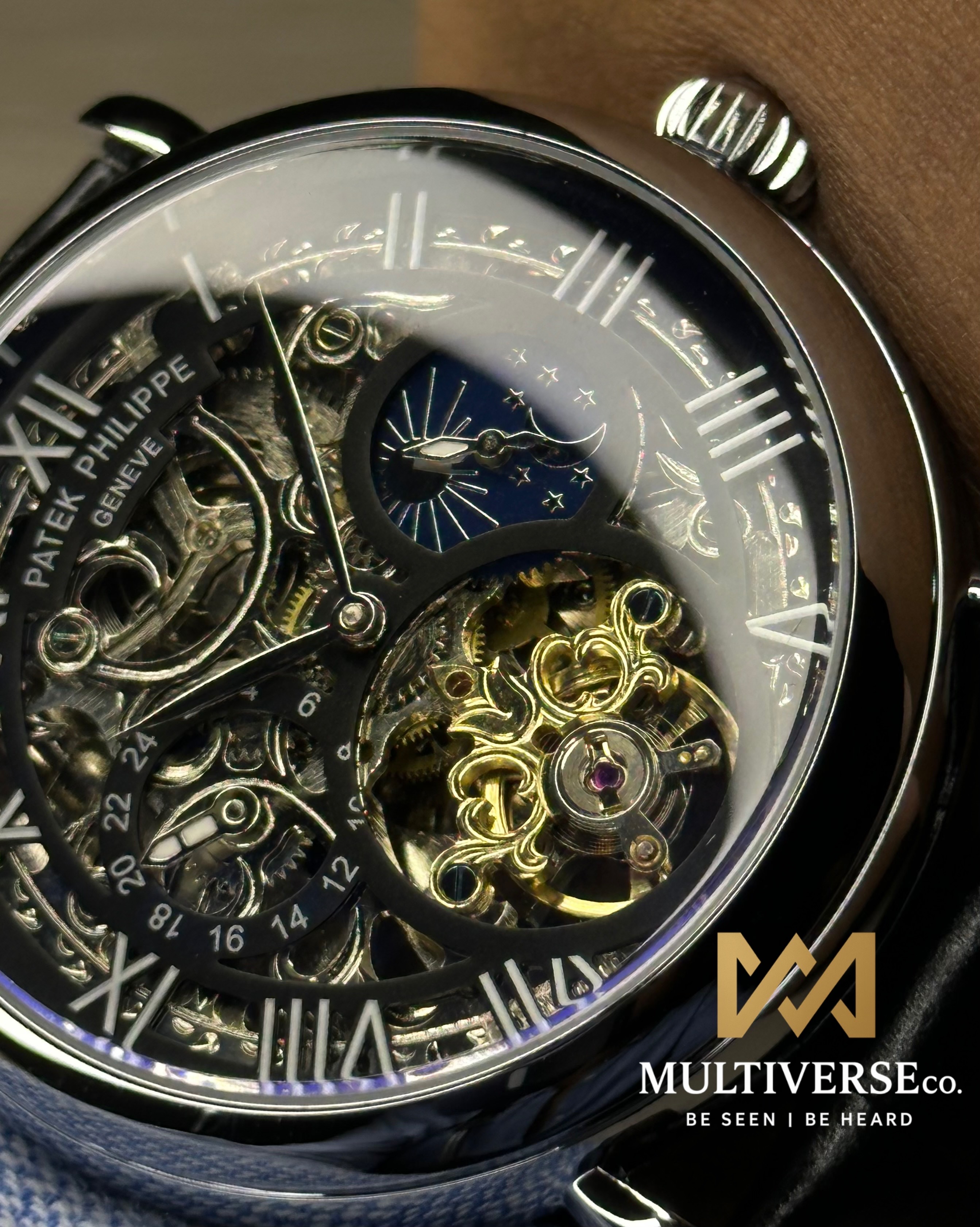 PATEK PHILIPPE SKELETON TOURBILLON BLACK LEATHER SILVER TONE BLACK DIAL WATCH_img_7