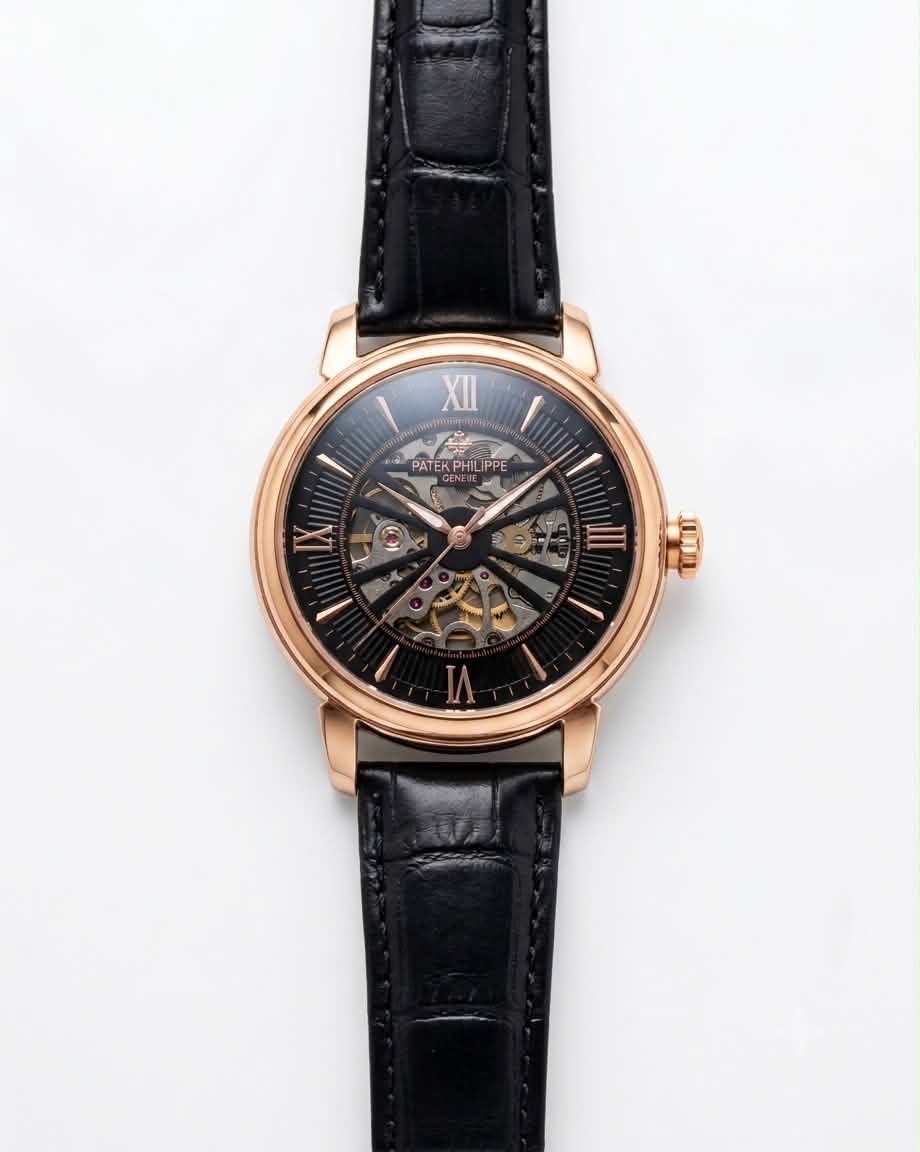 PATEK PHILIPPE SKELETON ROMAN BLACK LEATHER ROSE GOLD TONE WATCH (AA)
