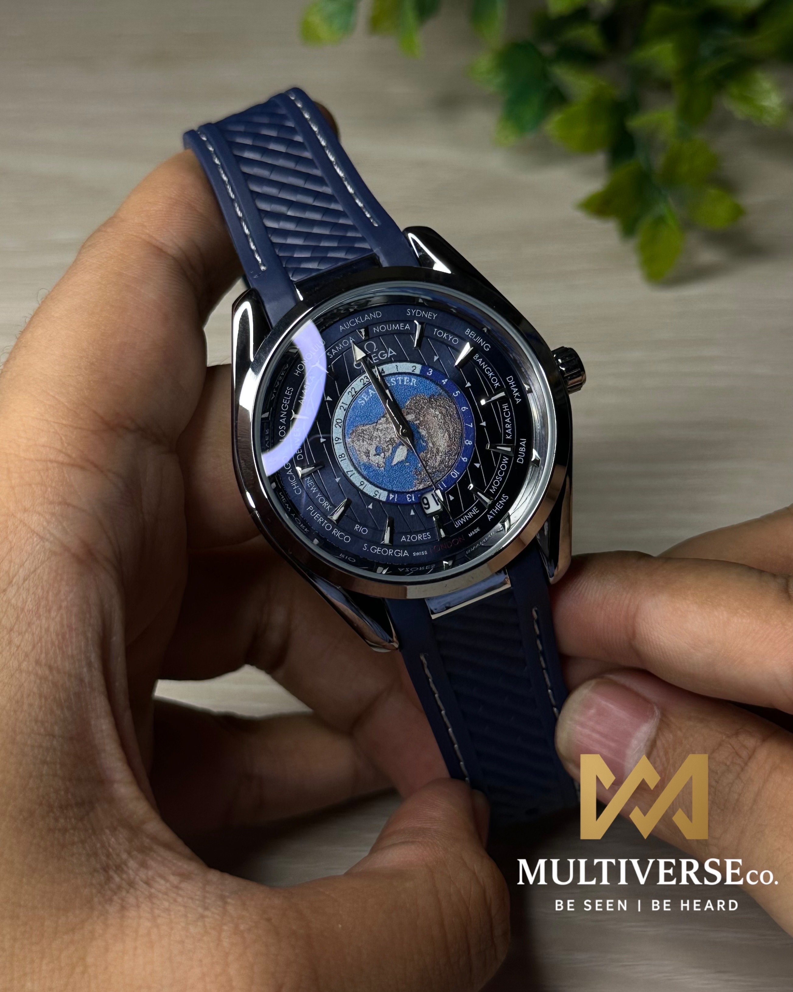 OMEGA SEAMASTER AQUA TERRA WORLDTIMER BLUE DIAL BLUE STRAP WATCH_img_0