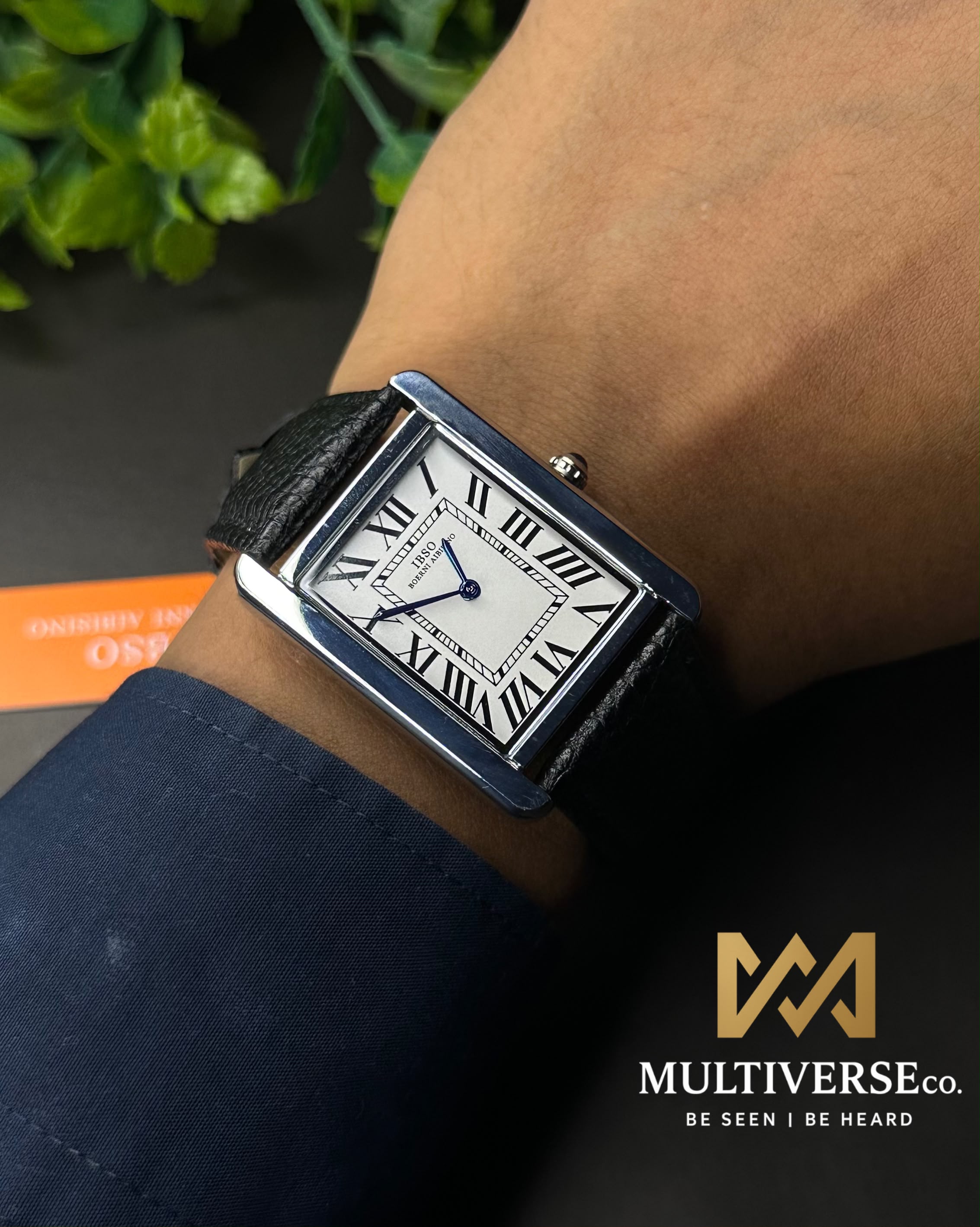 IBSO TANK ROMAN NUMERAL BLACK LEATHER WHITE DIAL WATCH_img_3
