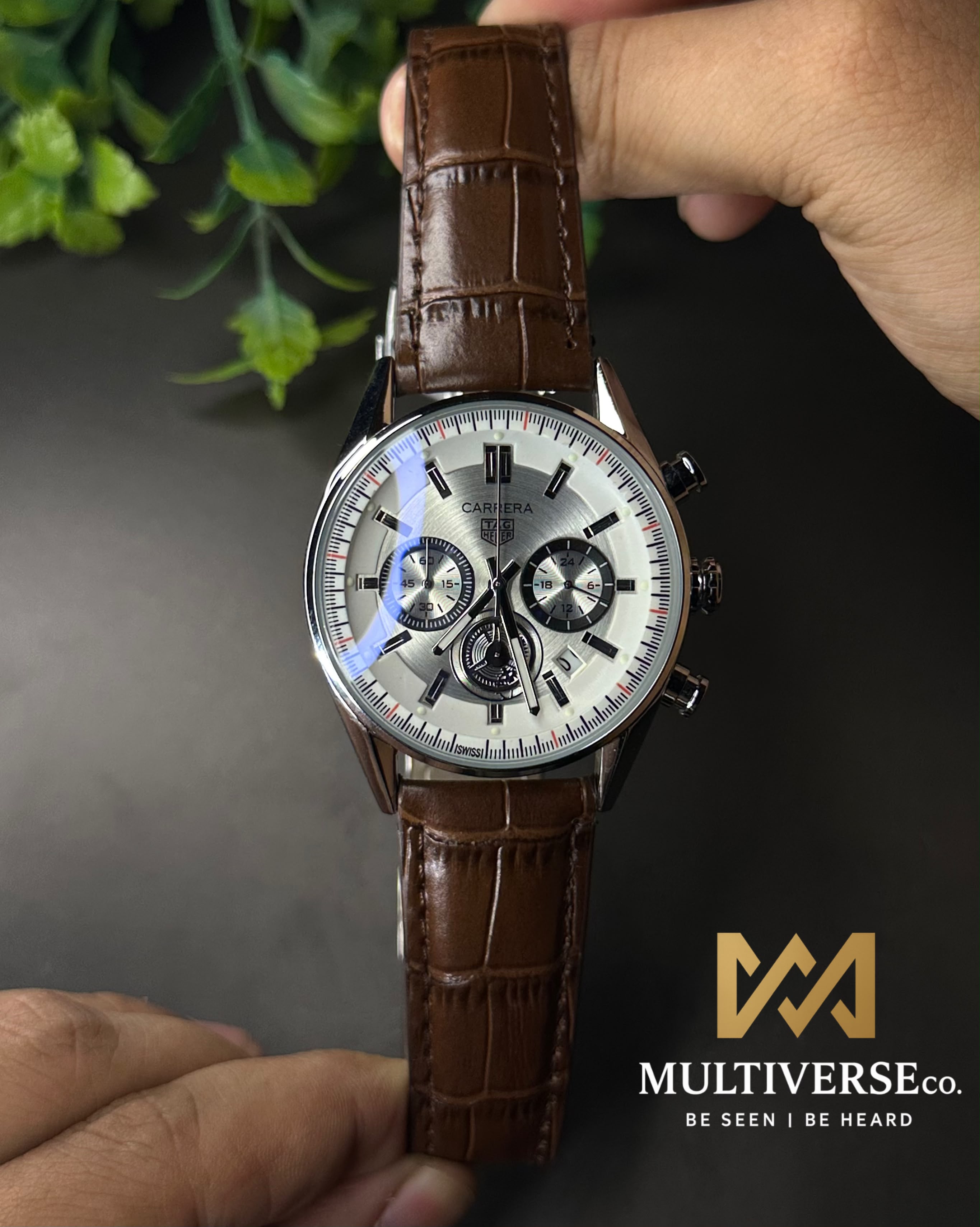 TAG HEUER CARRERA CHRONO BROWN LEATHER WHITE DIAL WATCH_img_1