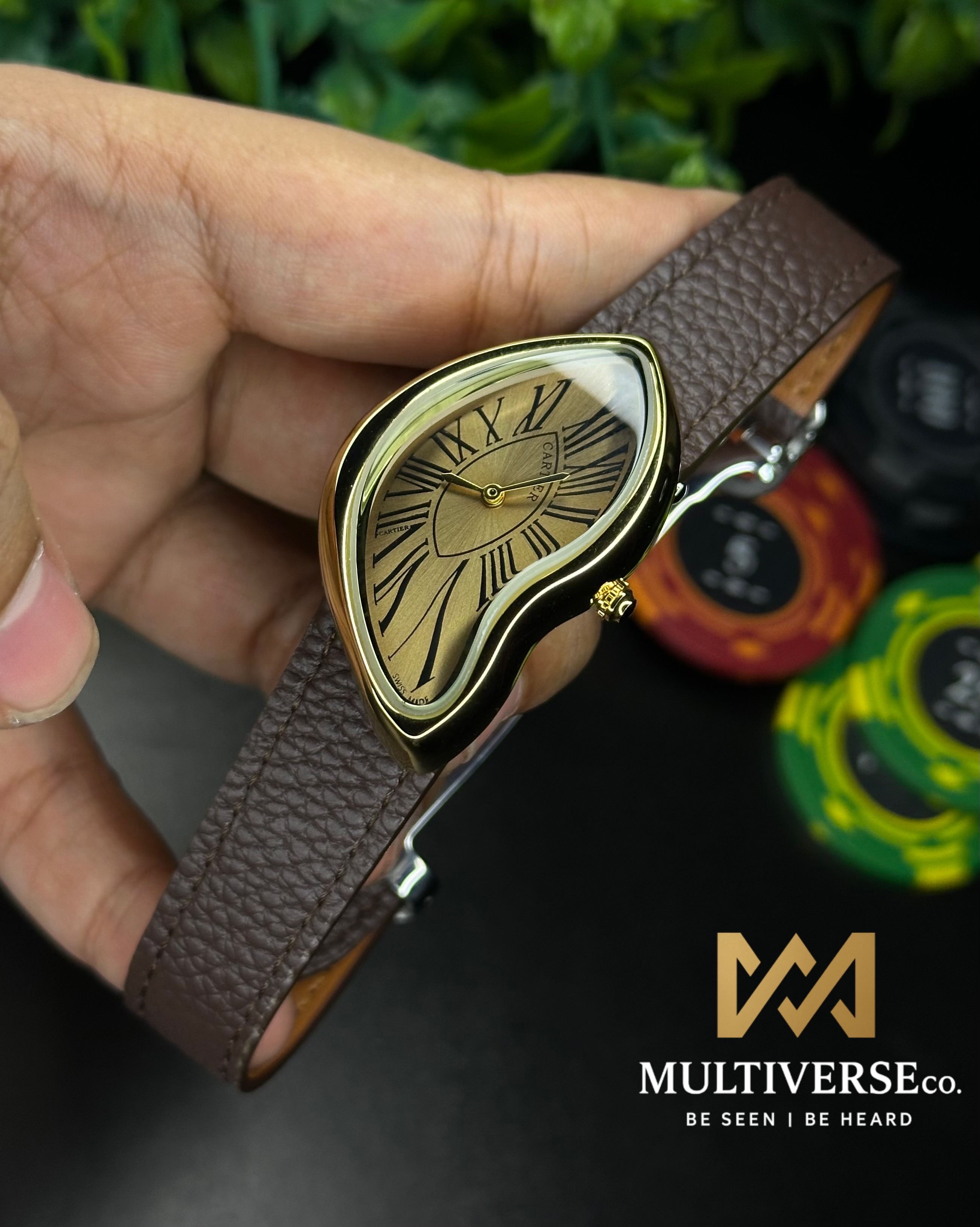 CARTIER CRASH DESIGN | BROWN BELT GOLD CASE GOLD DIAL | (AA)