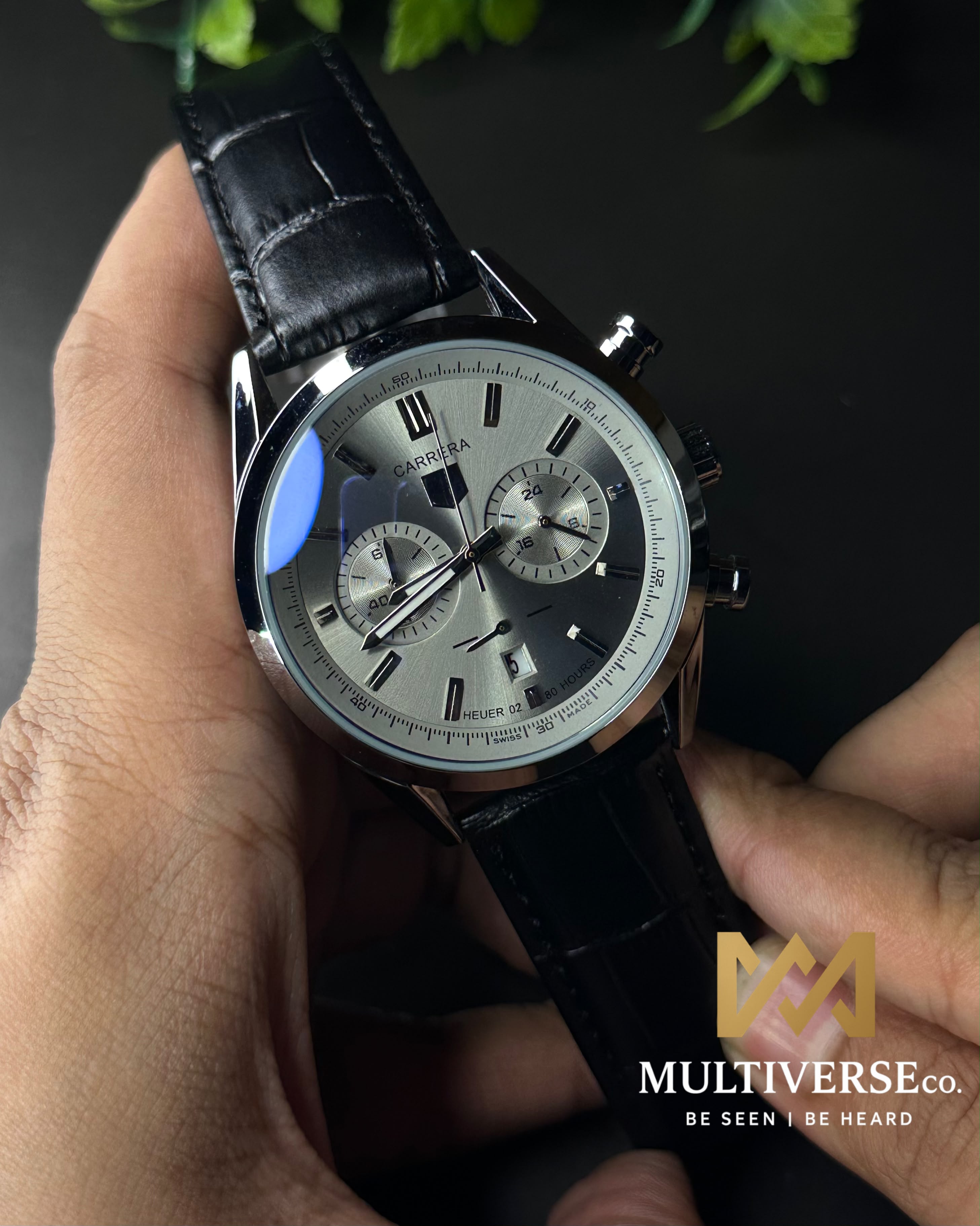 TAG HEUER CARRERA 2 CHRONO BI-COMPAX BLACK BELT SILVER CASE GREY DIAL WATCH_img_0