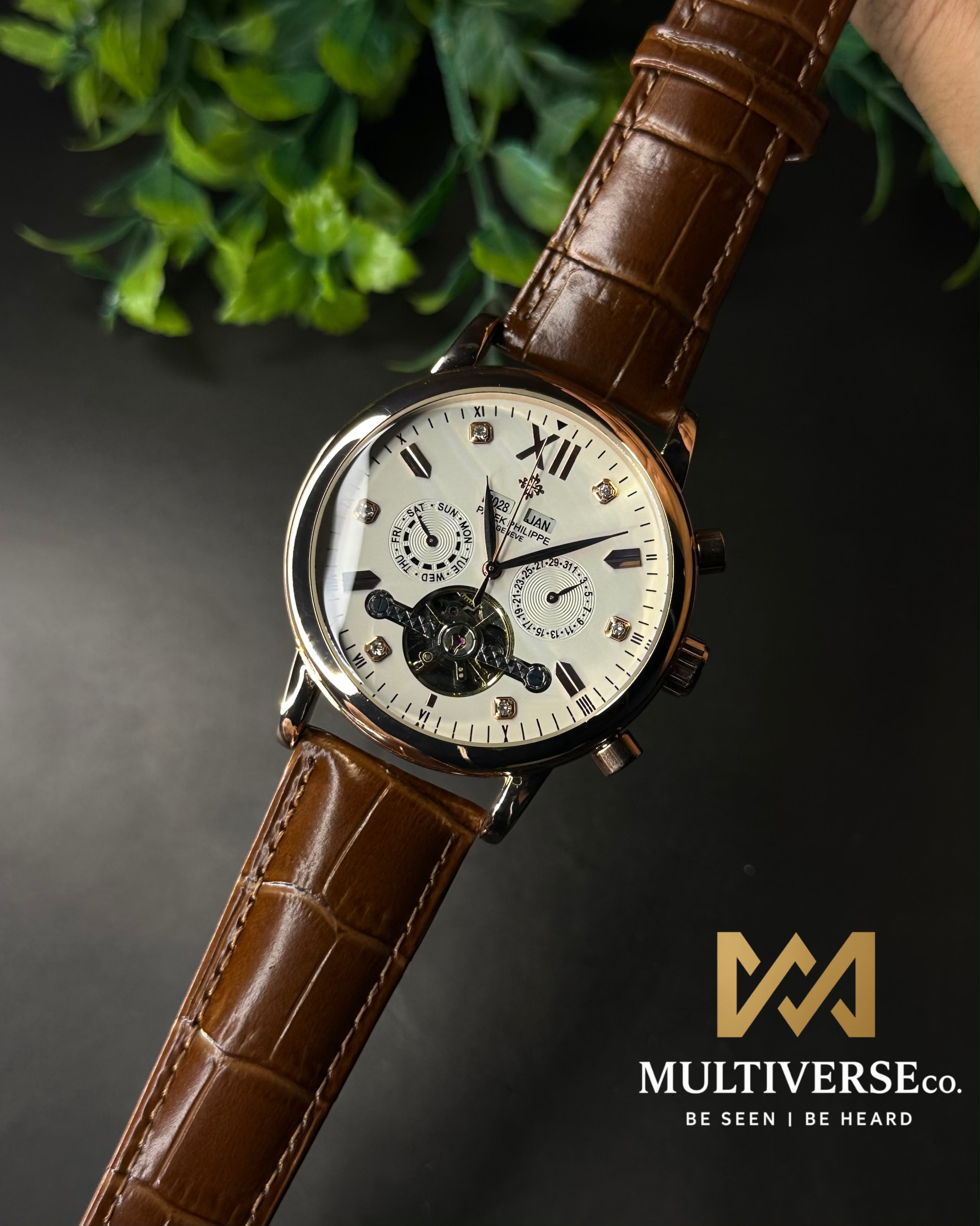 PATEK PHILIPPE GRAND CALENDAR OPEN-HEART PERPETUAL BROWN LEATHER ROSE GOLD TONE WATCH_img_0