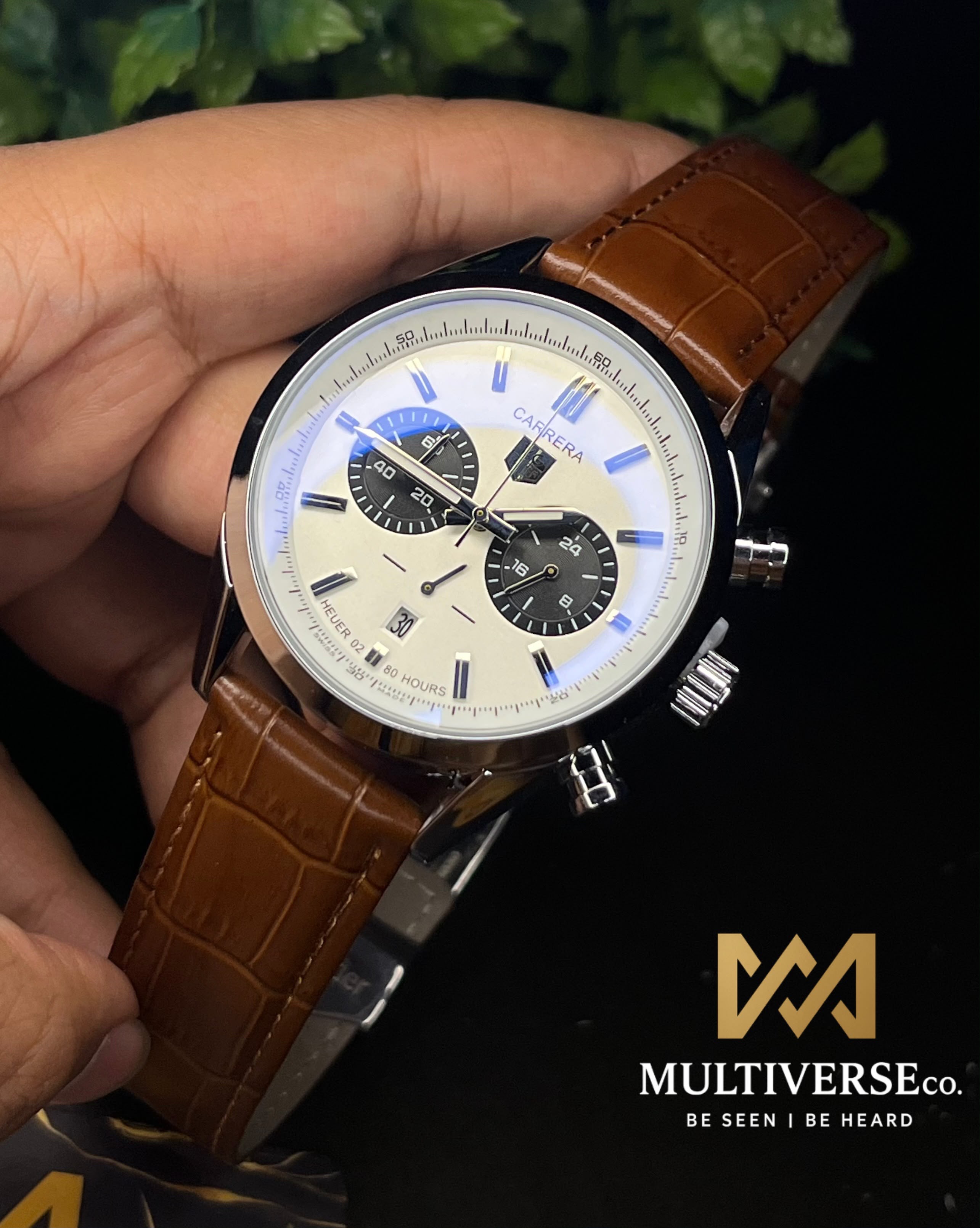 TAG HEUER CARRERA 2 CHRONO PANDA BI-COMPAX BROWN BELT WHITE DIAL BLACK SUB WATCH_img_0