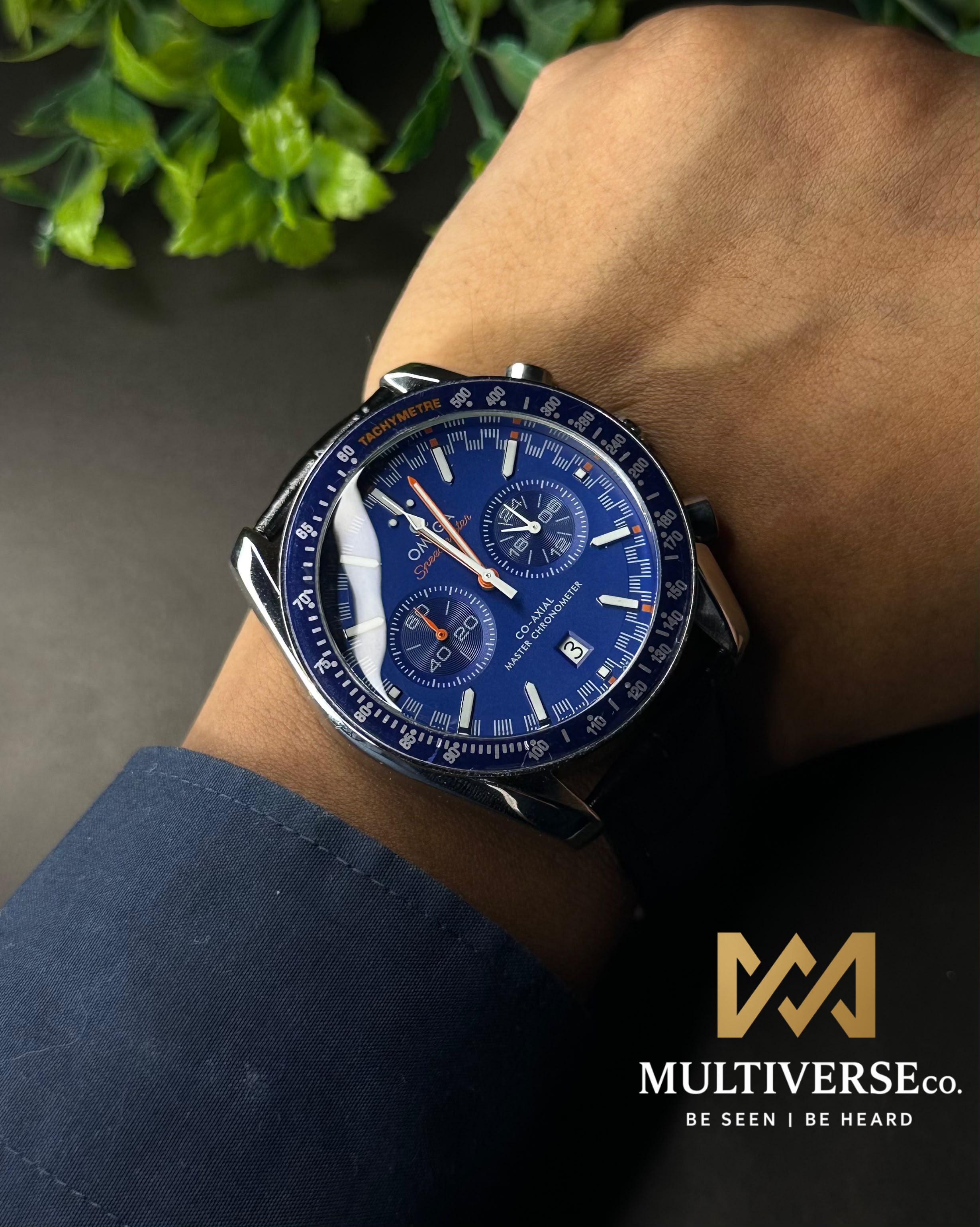 OMEGA SPEEDMASTER RACING CHRONO BLACK LEATHER BLUE DIAL WATCH_img_4