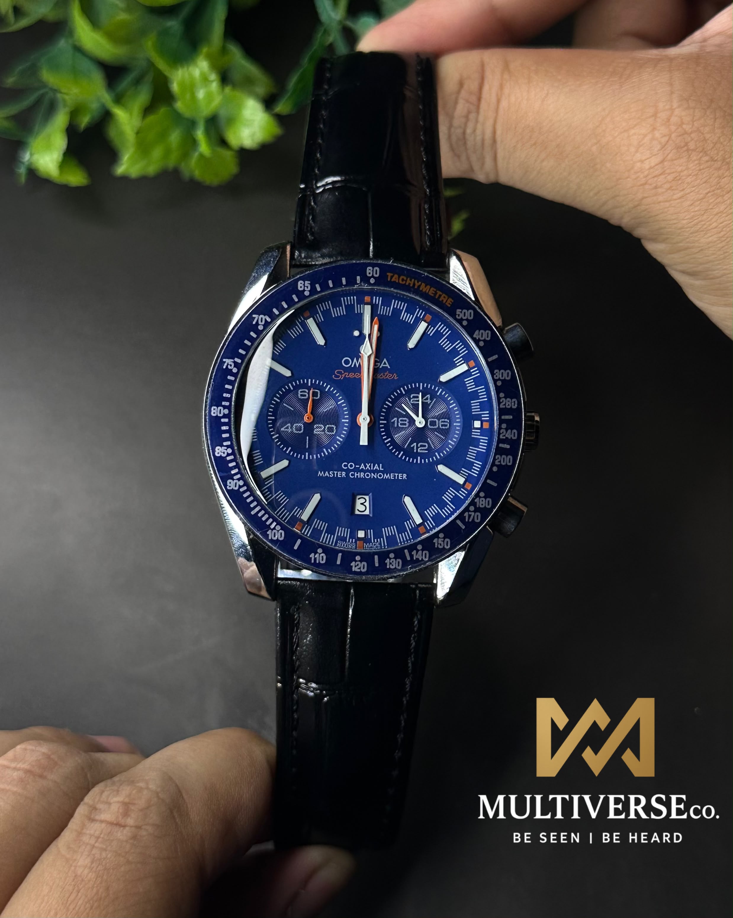 OMEGA SPEEDMASTER RACING CHRONO BLACK LEATHER BLUE DIAL WATCH_img_1