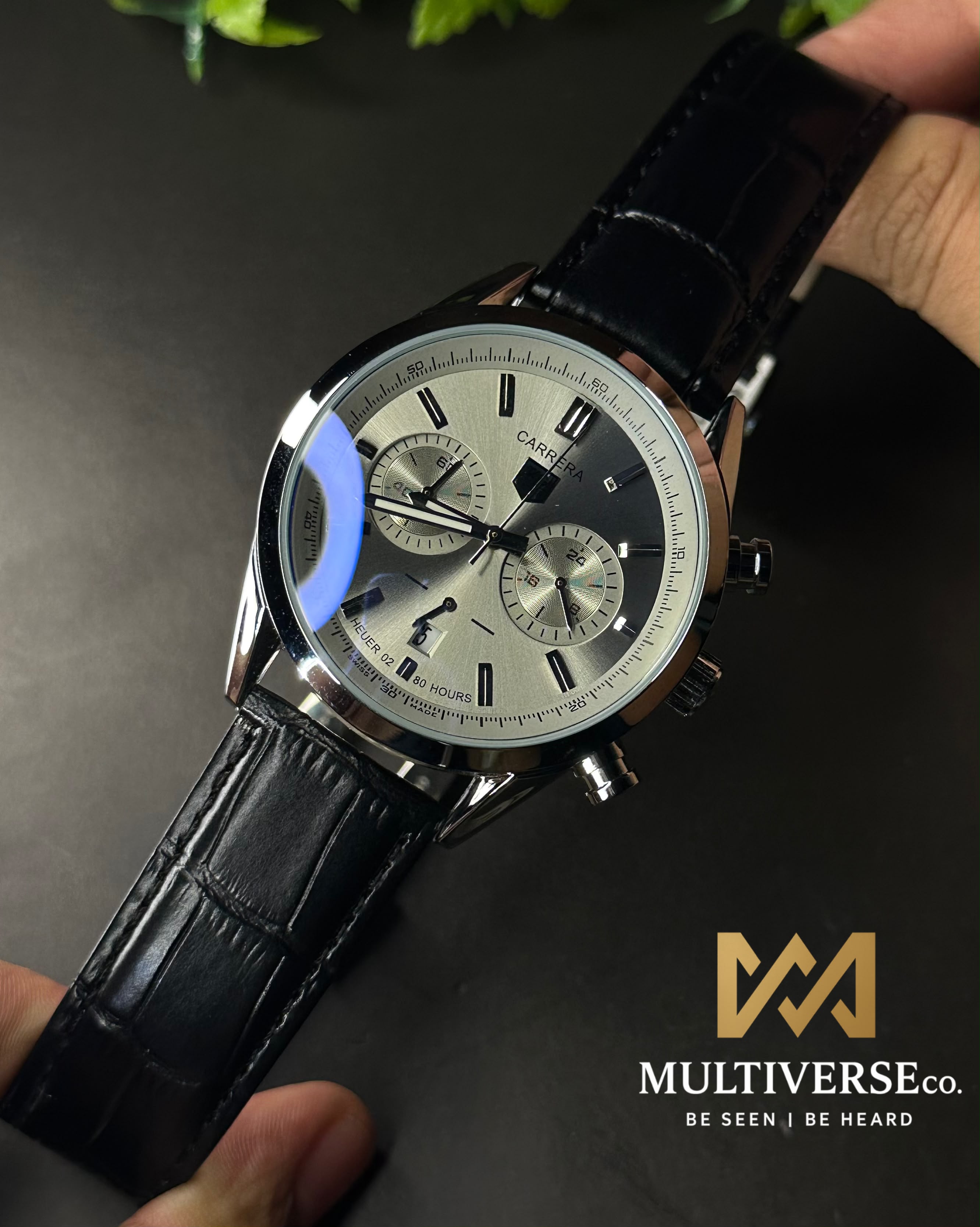 TAG HEUER CARRERA 2 CHRONO BI-COMPAX BLACK BELT SILVER CASE GREY DIAL WATCH_img_2