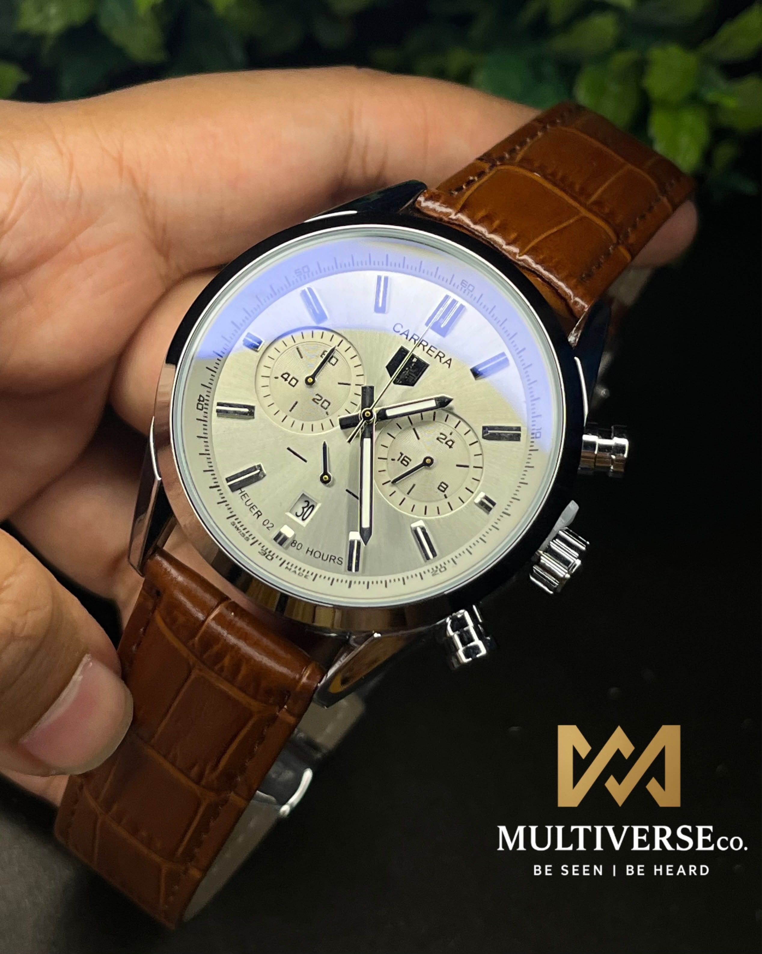 TAG HEUER CARRERA 2 CHRONO BI-COMPAX BROWN BELT SILVER CASE GREY DIAL WATCH_img_1