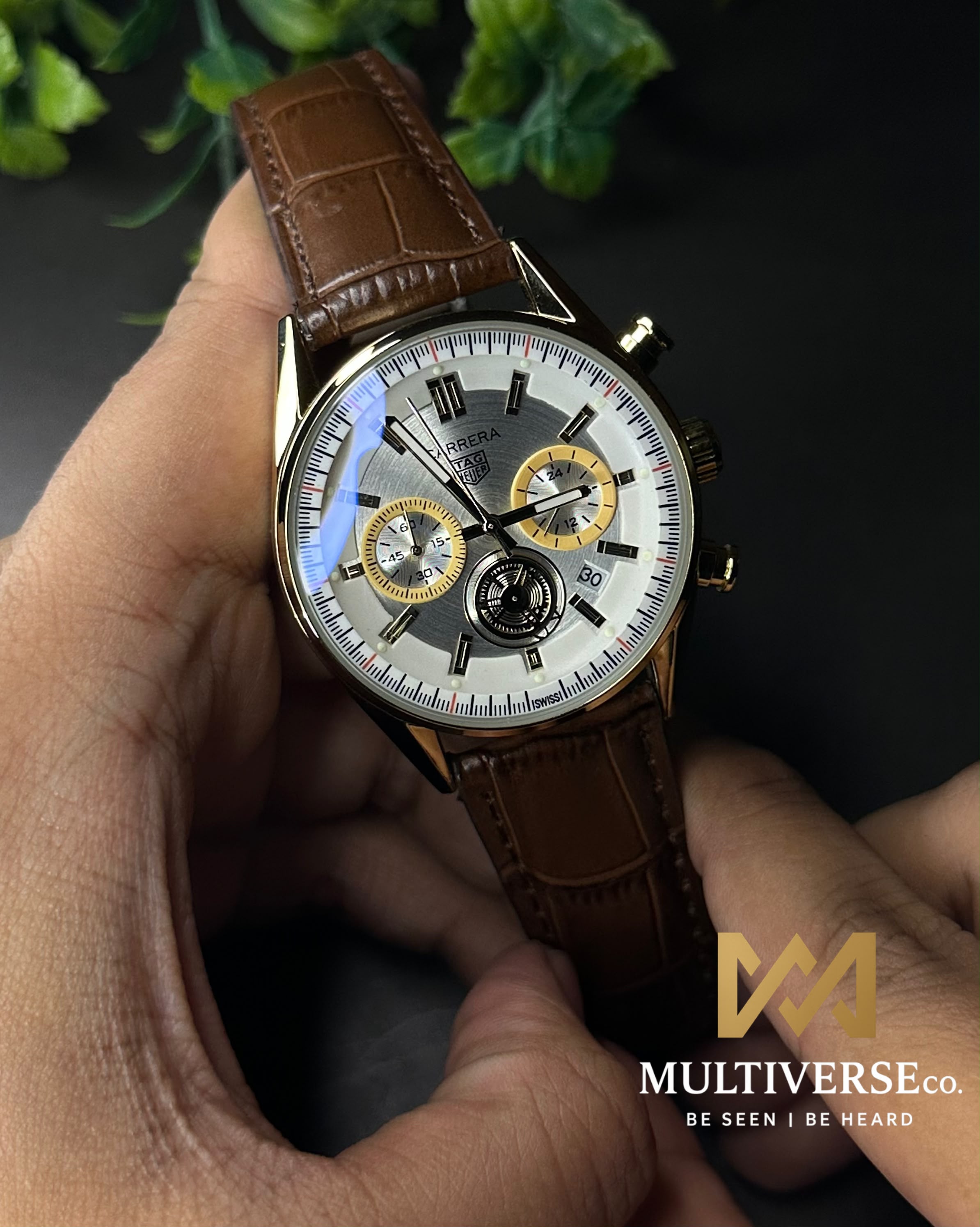 TAG HEUER CARRERA CHRONO BROWN LEATHER WHITE DIAL GOLD TONE WATCH_img_0