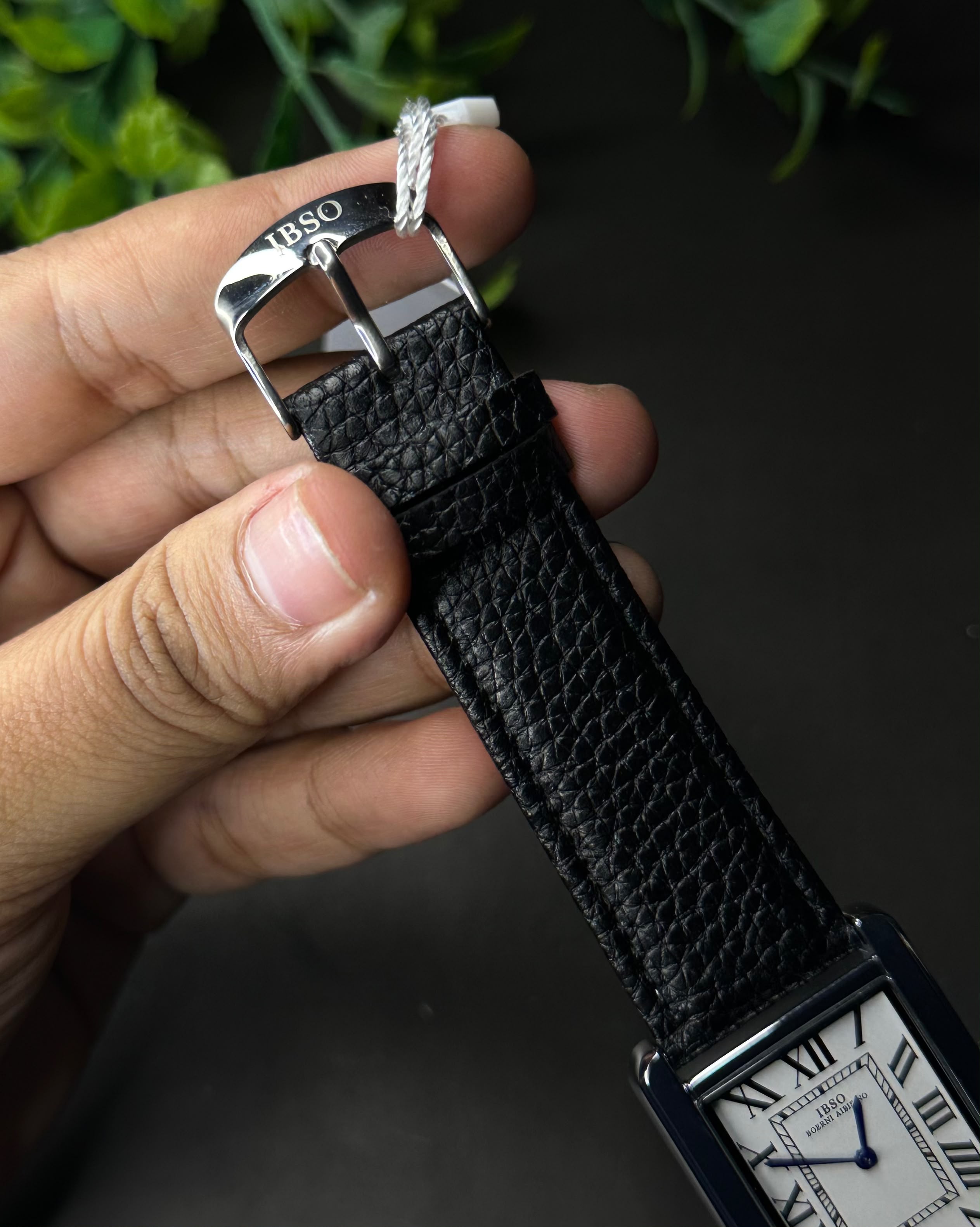 IBSO TANK ROMAN NUMERAL BLACK LEATHER WHITE DIAL WATCH_img_4