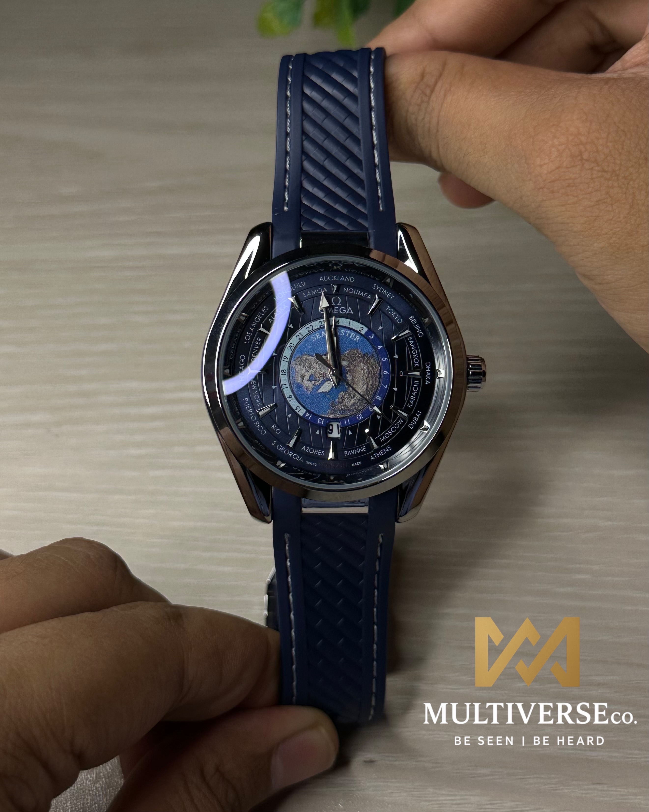 OMEGA SEAMASTER AQUA TERRA WORLDTIMER BLUE DIAL BLUE STRAP WATCH_img_5