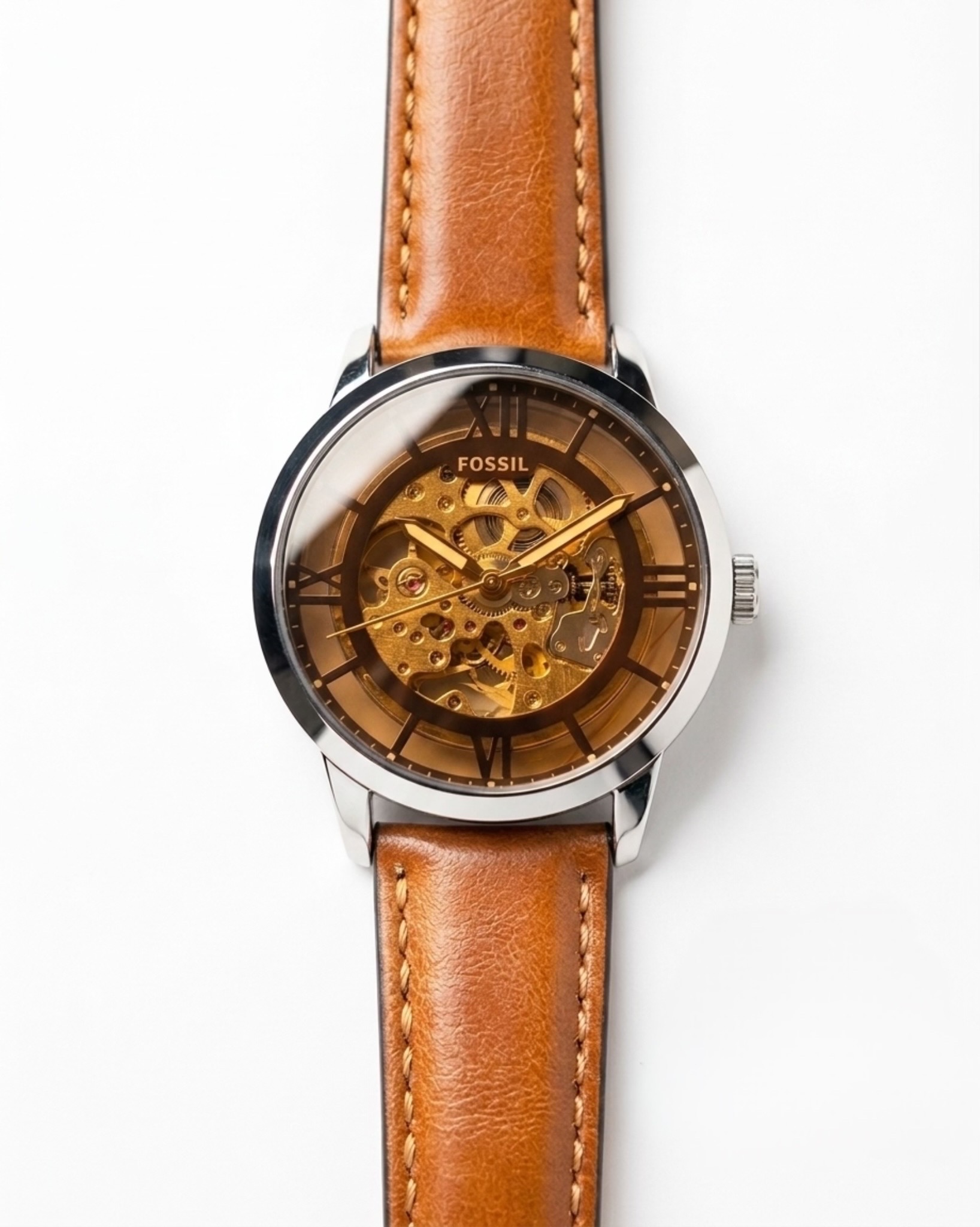 FOSSIL TOWNSMAN AUTOMATIC SILVER TONE MUSTARD LEATHER WATCH (AA)