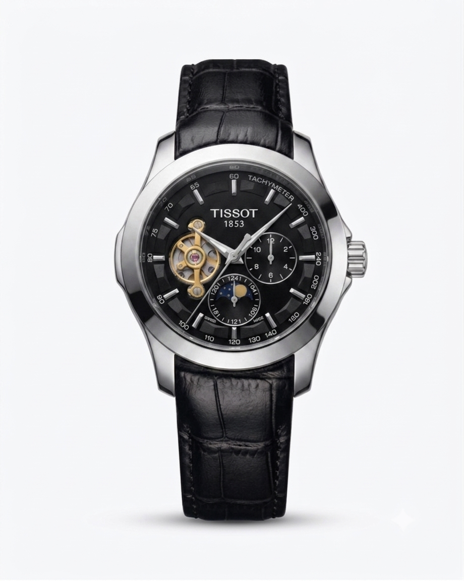 TISSOT COUTURIER OPEN HEART BLACK LEATHER BLACK DIAL WATCH (SEMI AAA)
