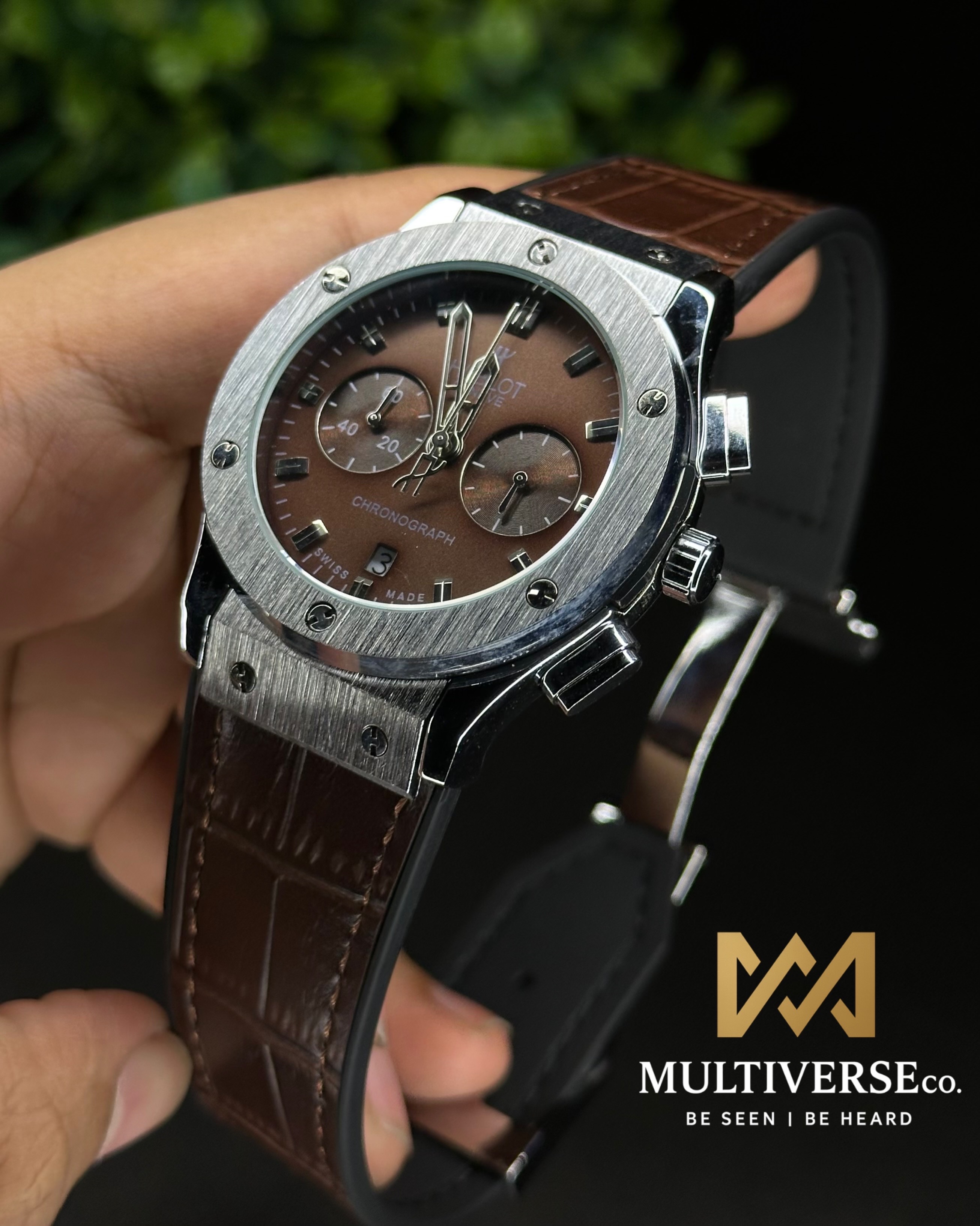 HUBLOT CLASSIC FUSION CHRONOGRAPH BROWN DIAL SILVER CASE BROWN BELT (AA)_img_1
