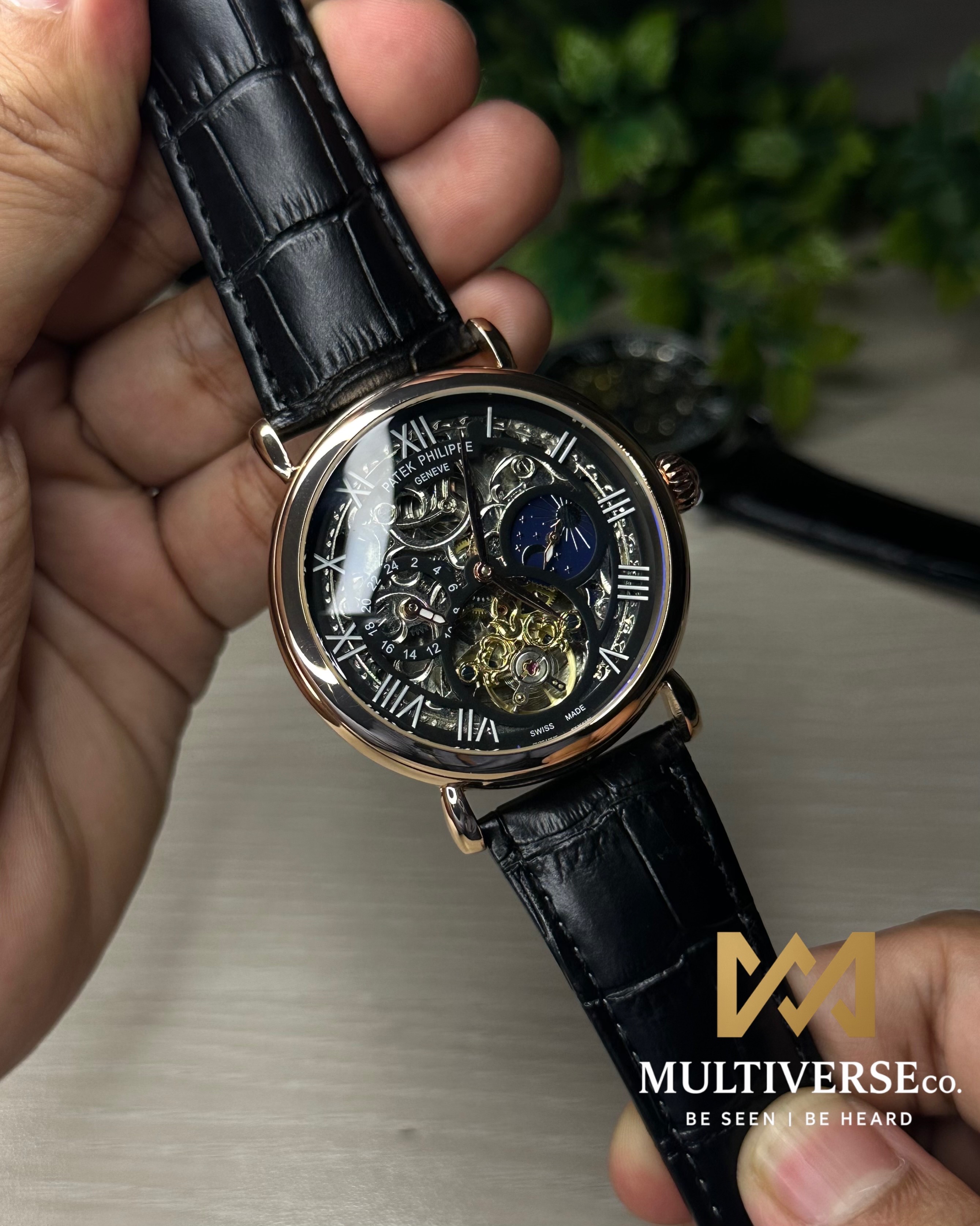 PATEK PHILIPPE SKELETON TOURBILLON BLACK LEATHER GOLDEN TONE BLACK DIAL WATCH_img_1