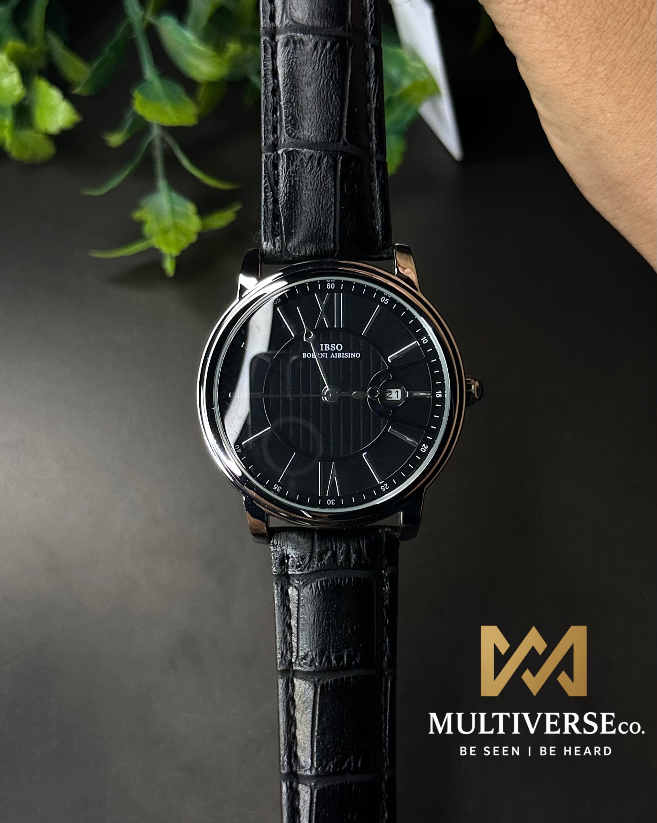 IBSO GUILLOCHÉ ROMAN BLACK LEATHER BLACK DIAL WATCH S3893G_img_1