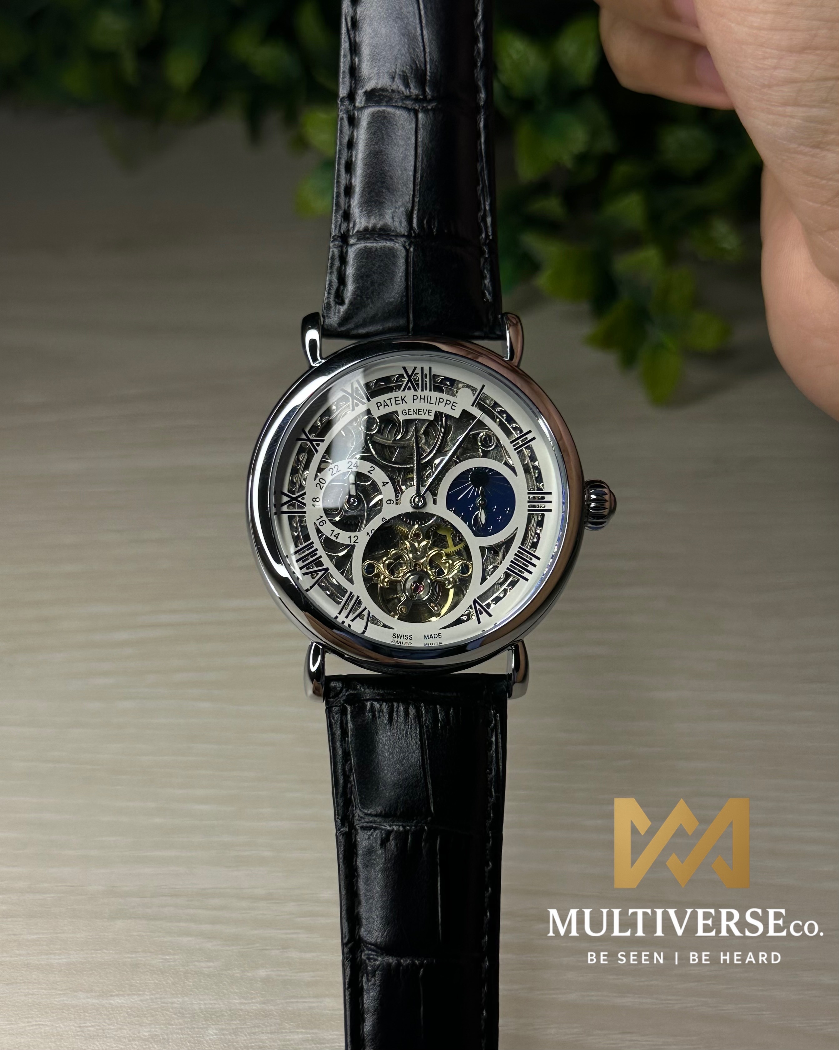 PATEK PHILIPPE SKELETON TOURBILLON BLACK LEATHER SILVER TONE WHITE DIAL WATCH_img_5