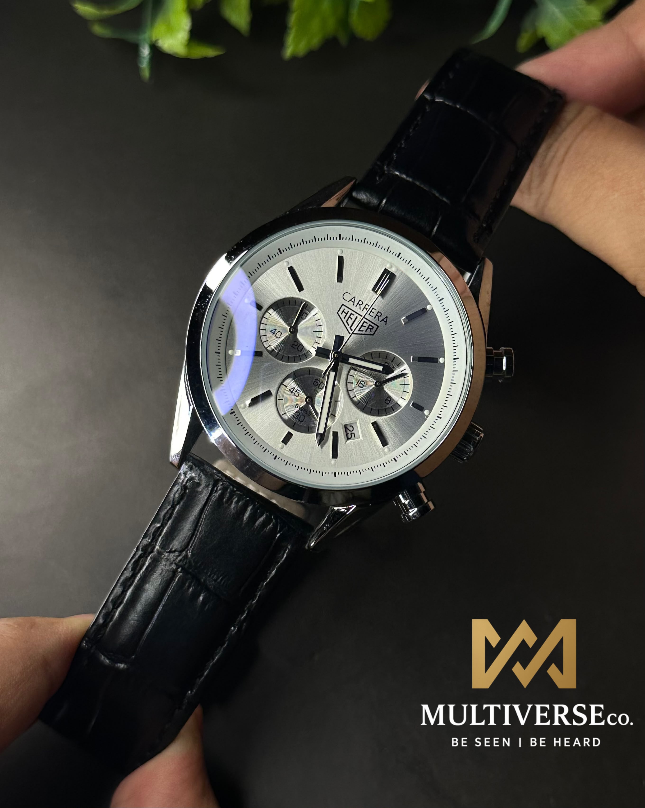 TAG HEUER CARRERA 3 CHRONO BI-COMPAX BLACK BELT SILVER CASE SILVER DIAL WATCH_img_0