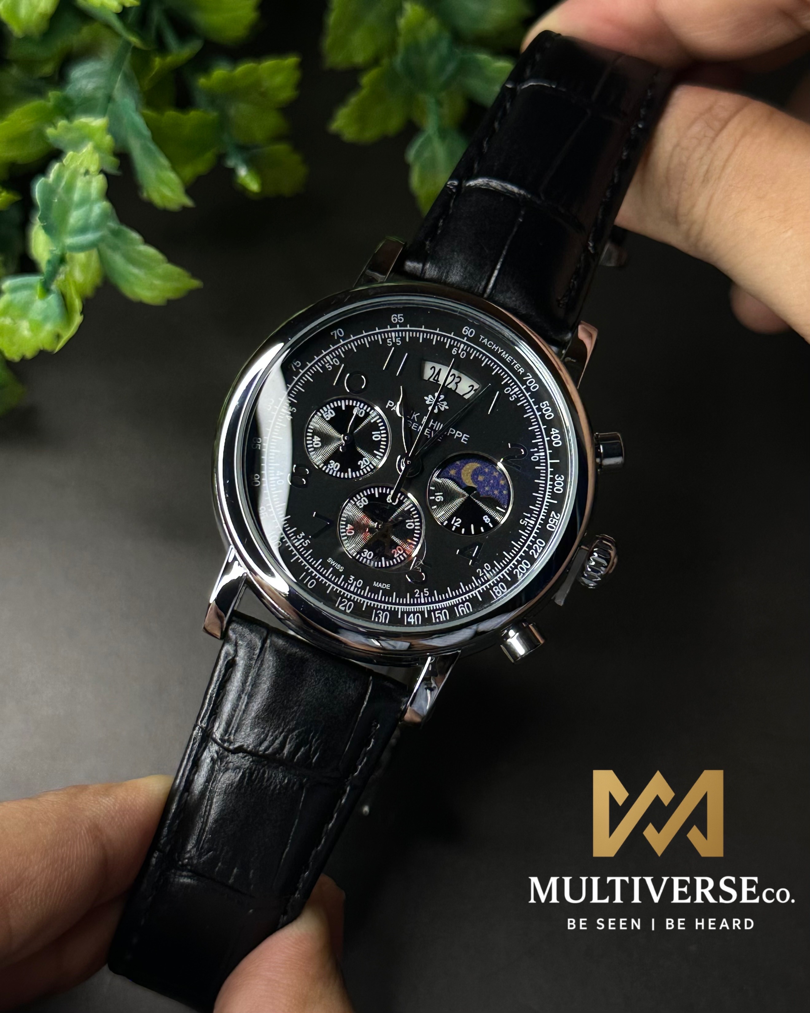 PATEK PHILIPPE | BLACK BELT BLACK DIAL SERLVER CASE | CLASSIC MULTI-FUNCTION MOONPHASE CHRONOGRAPH | (HOMAGE) AA
