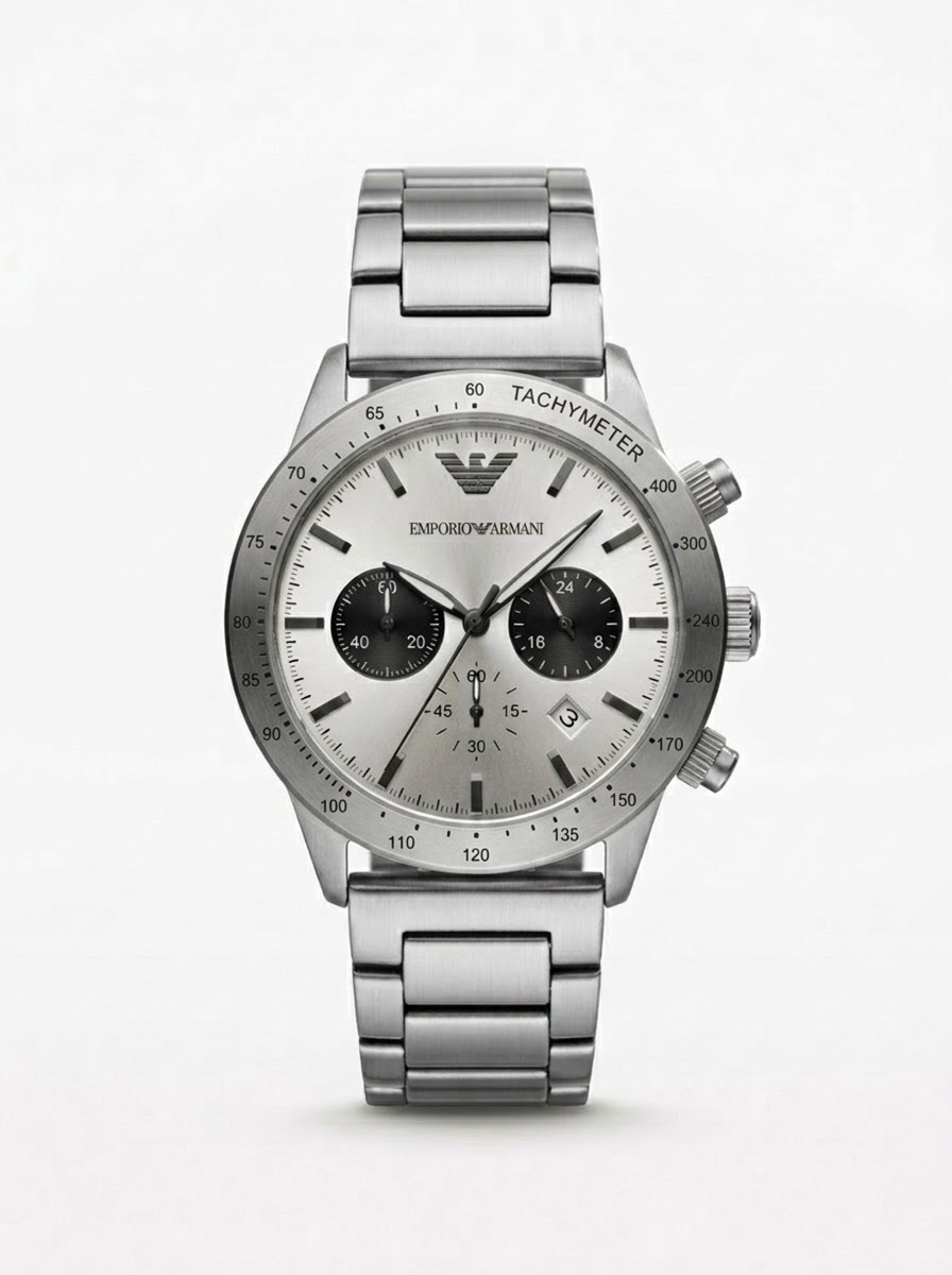EMPORIO ARMANI MARIO CHRONO SILVER TONE SILVER DIAL BLACK SUB WATCH (AA)