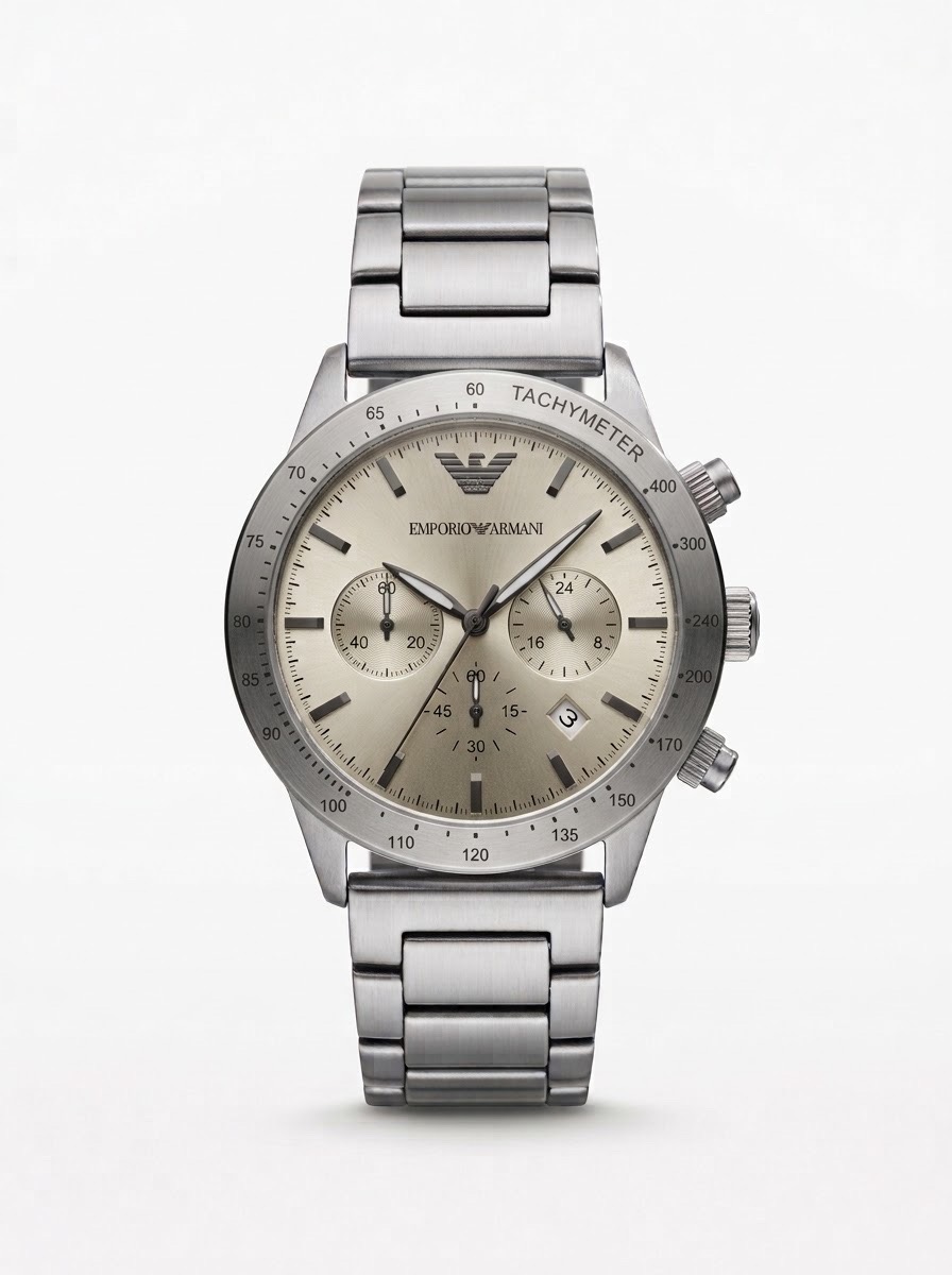 EMPORIO ARMANI MARIO CHRONO SILVER TONE CHAMPAIGN DIAL WATCH (AA)