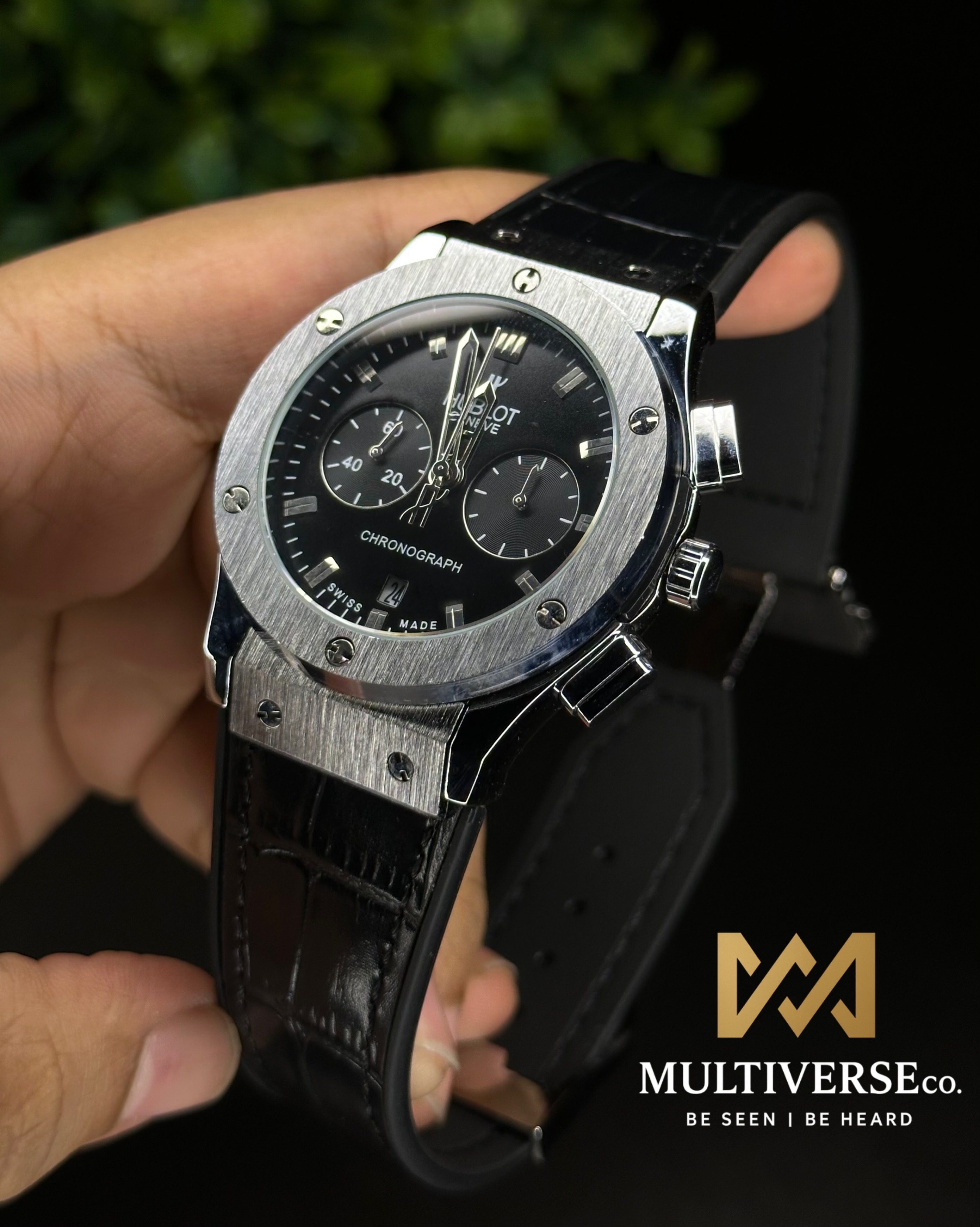 HUBLOT CLASSIC FUSION CHRONOGRAPH BLACK DIAL SILVER CASE BLACK BELT (AA)_img_1