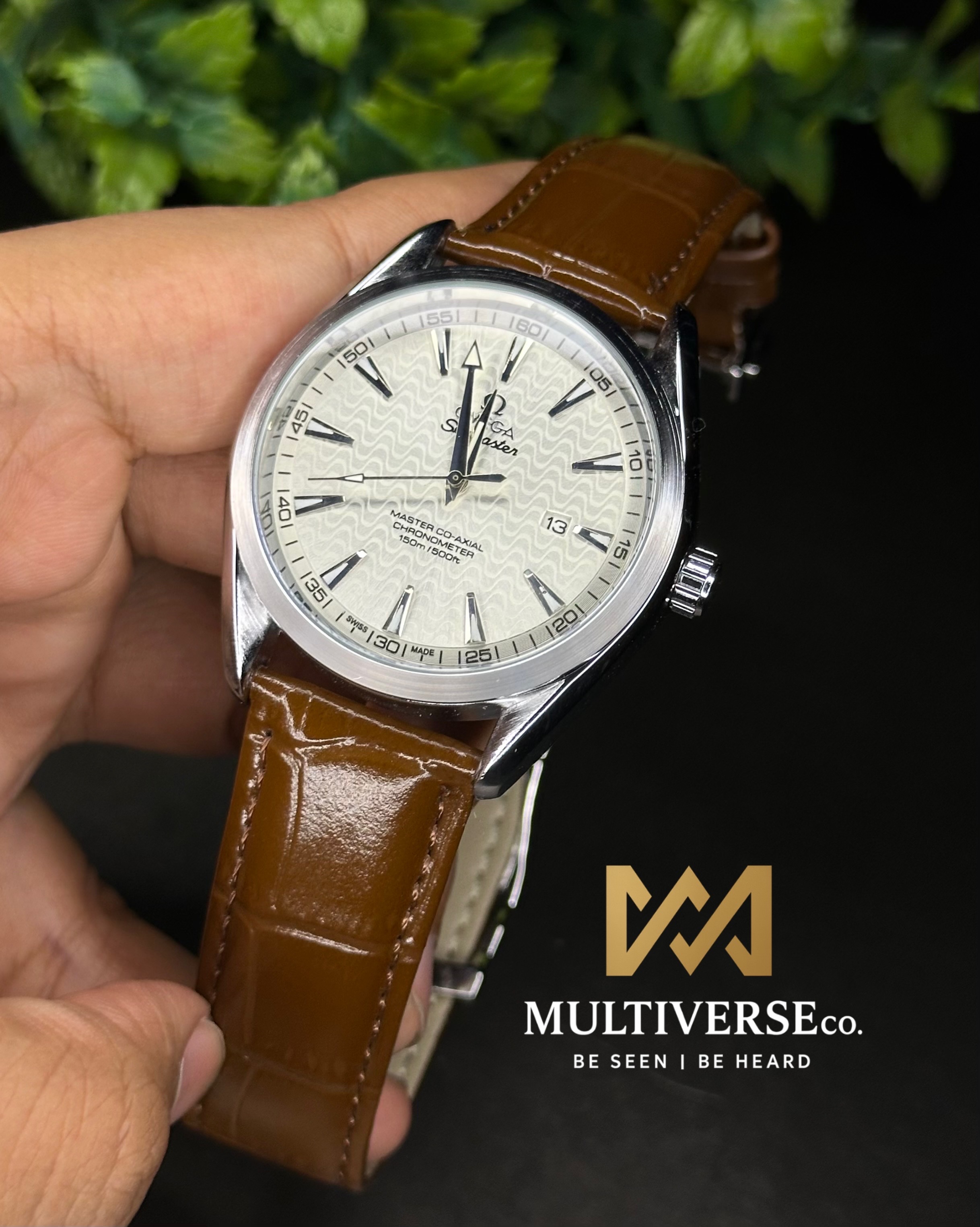 OMEGA SEAMASTER WHITE WAVE PATTERN DIAL BROWN BELT (AA)_img_0