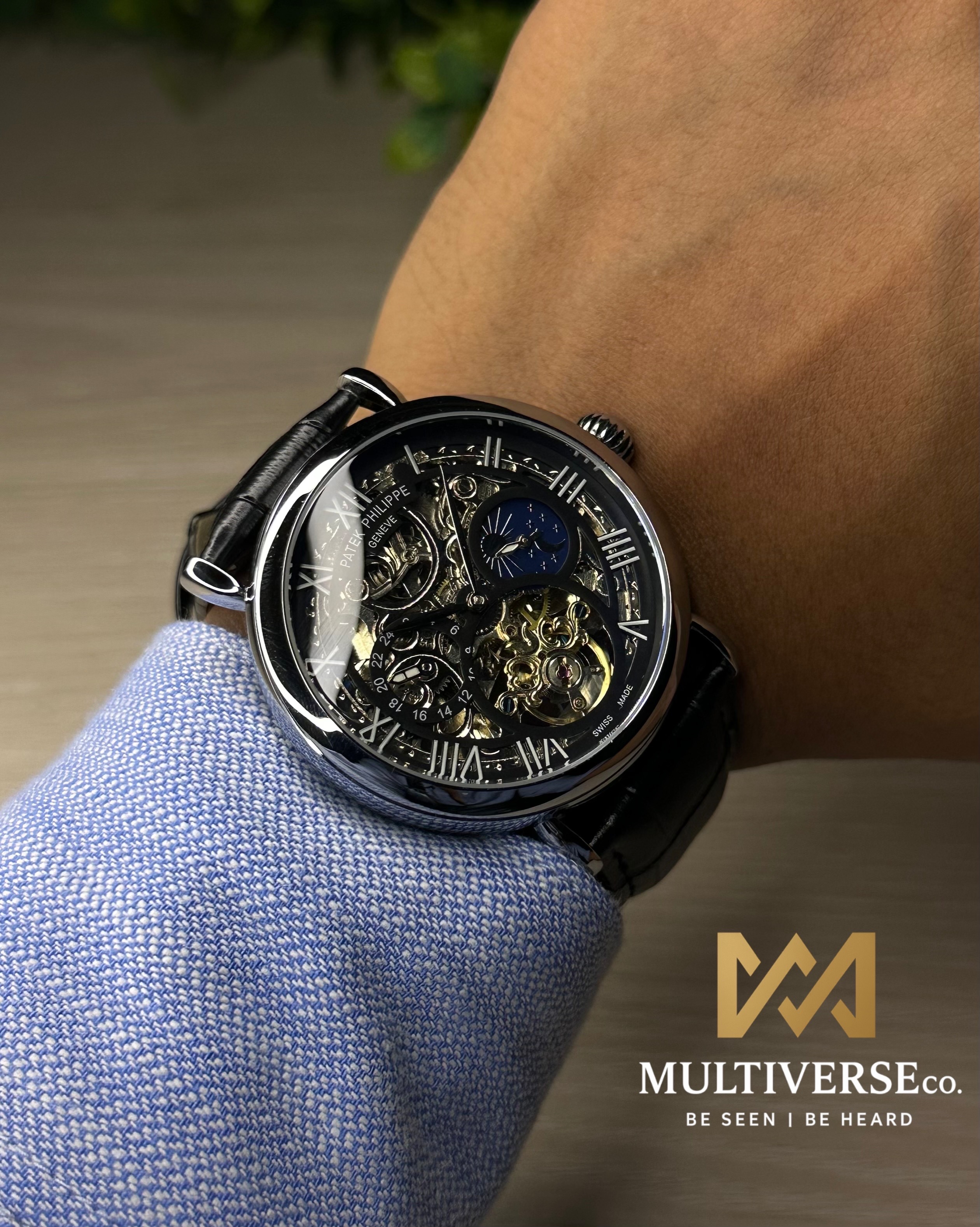PATEK PHILIPPE SKELETON TOURBILLON BLACK LEATHER SILVER TONE BLACK DIAL WATCH_img_4