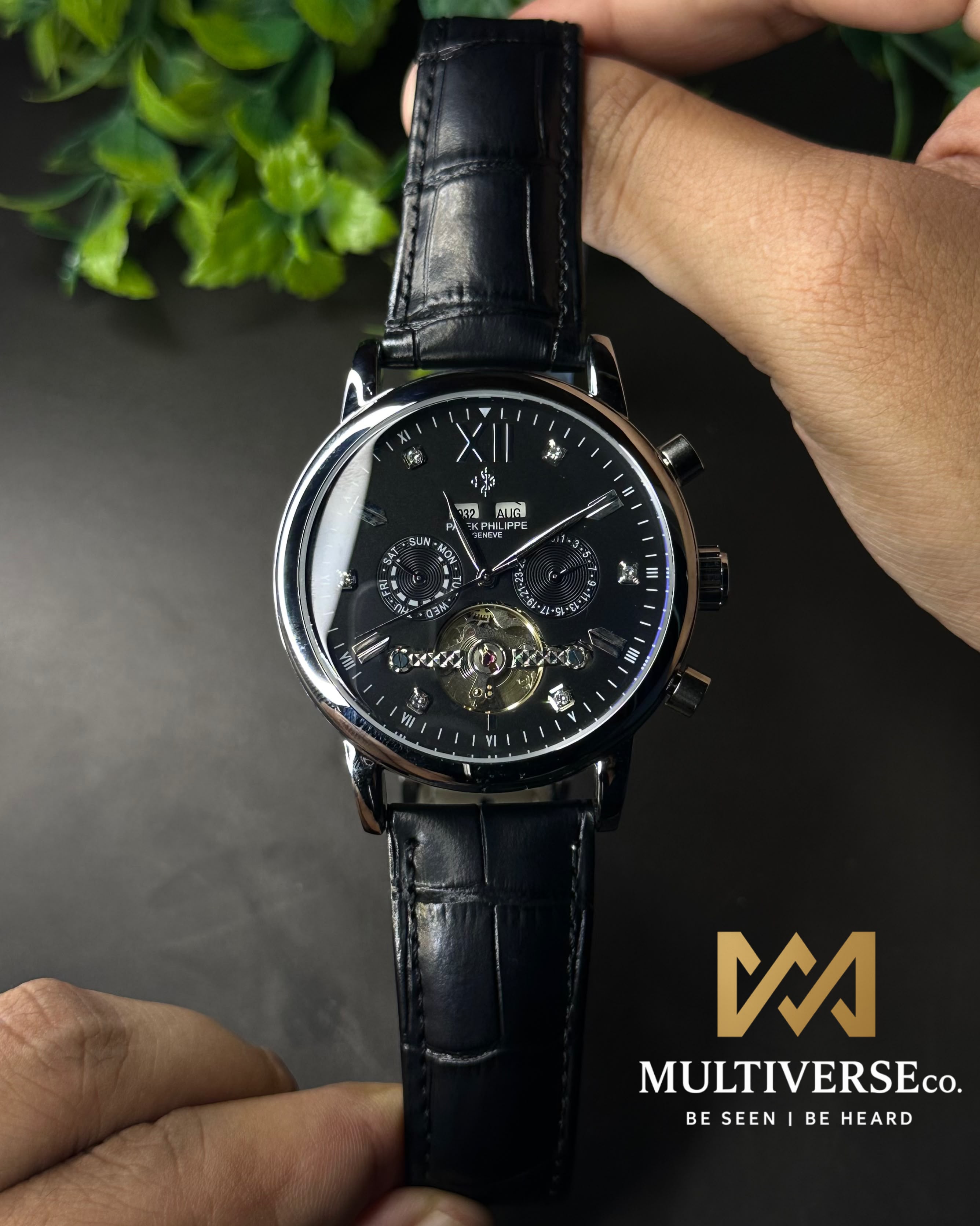 PATEK PHILIPPE GRAND CALENDAR OPEN-HEART PERPETUAL BLACK LEATHER WATCH_img_2