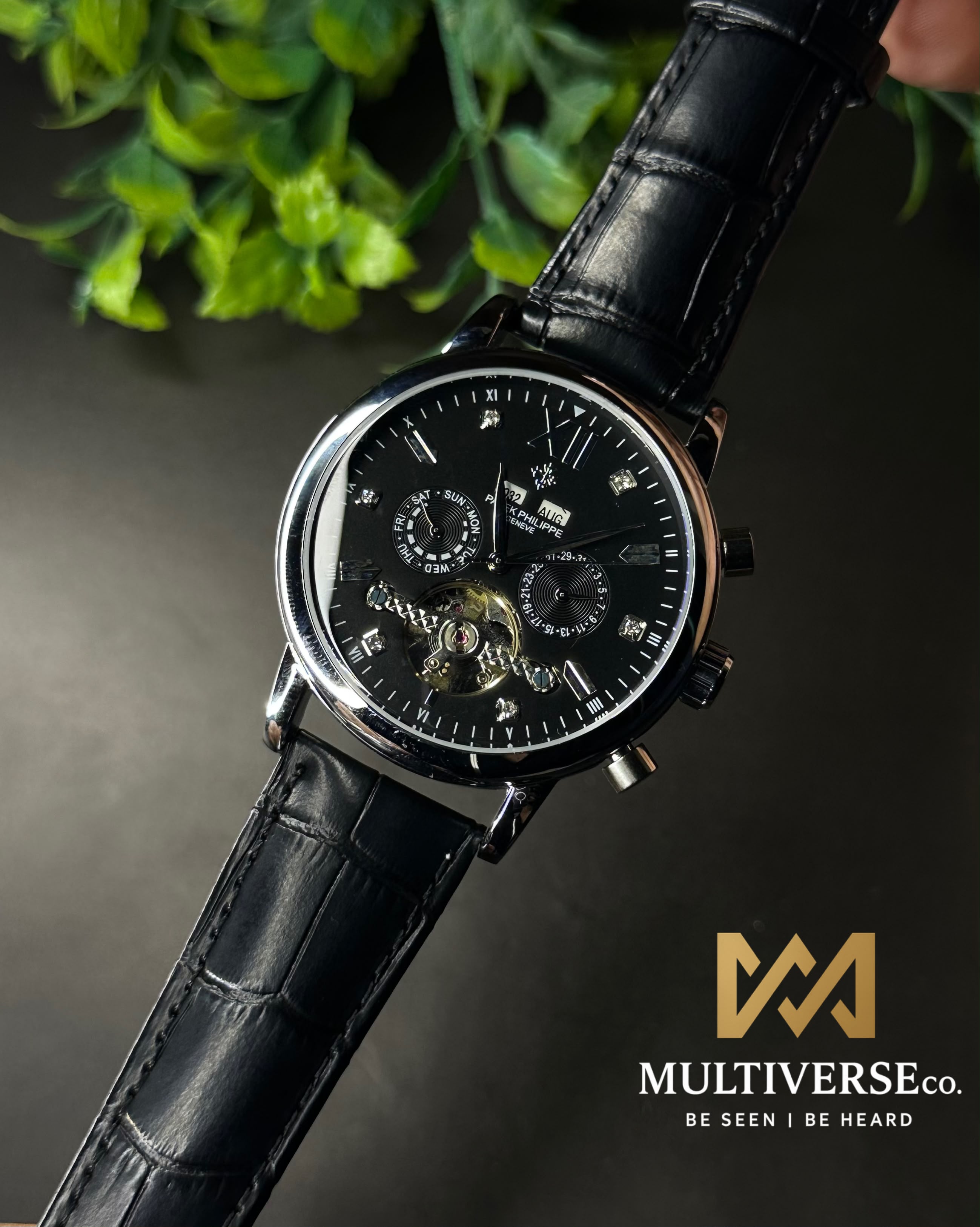 PATEK PHILIPPE GRAND CALENDAR OPEN-HEART PERPETUAL BLACK LEATHER WATCH_img_0