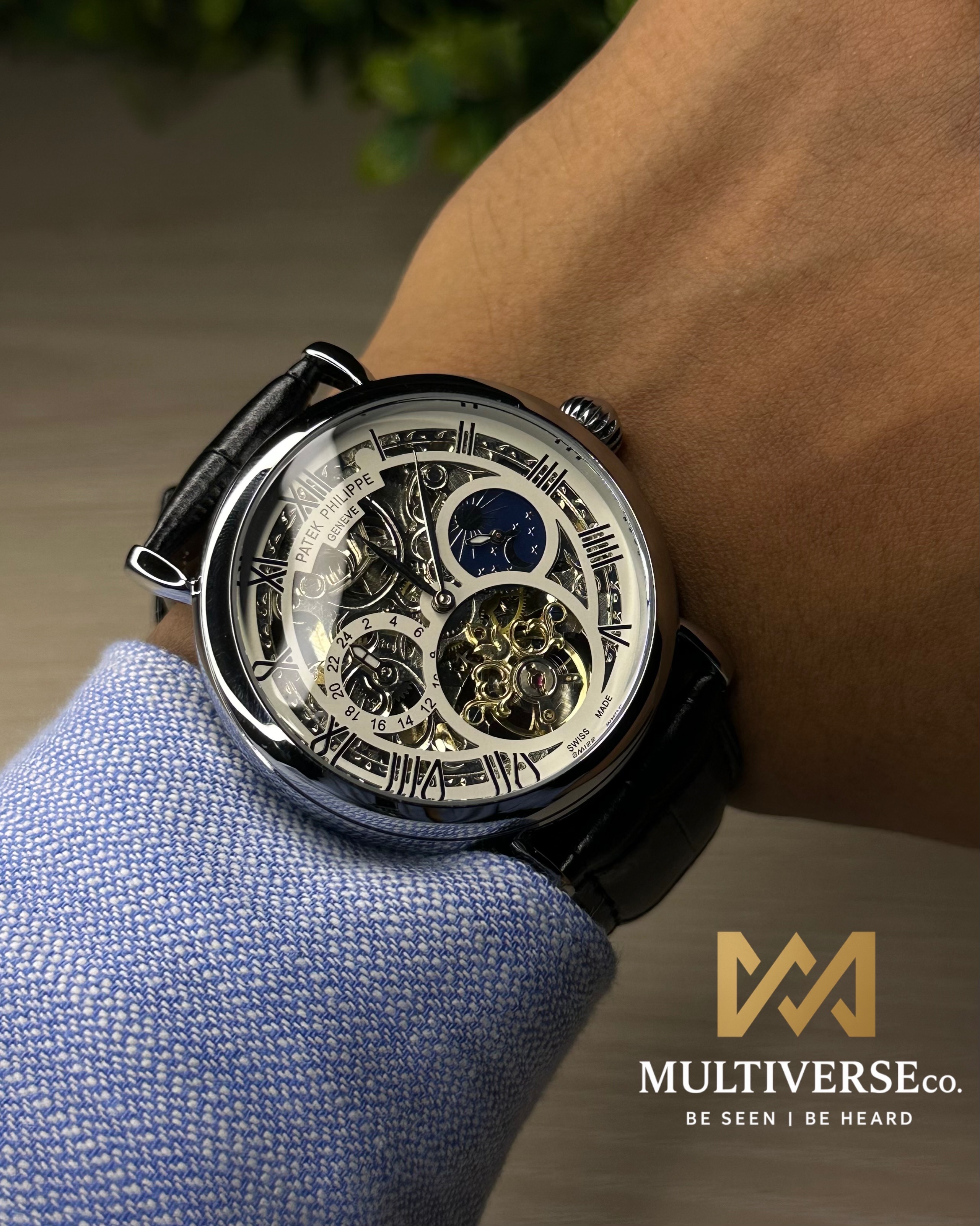 PATEK PHILIPPE SKELETON TOURBILLON BLACK LEATHER SILVER TONE WHITE DIAL WATCH_img_6