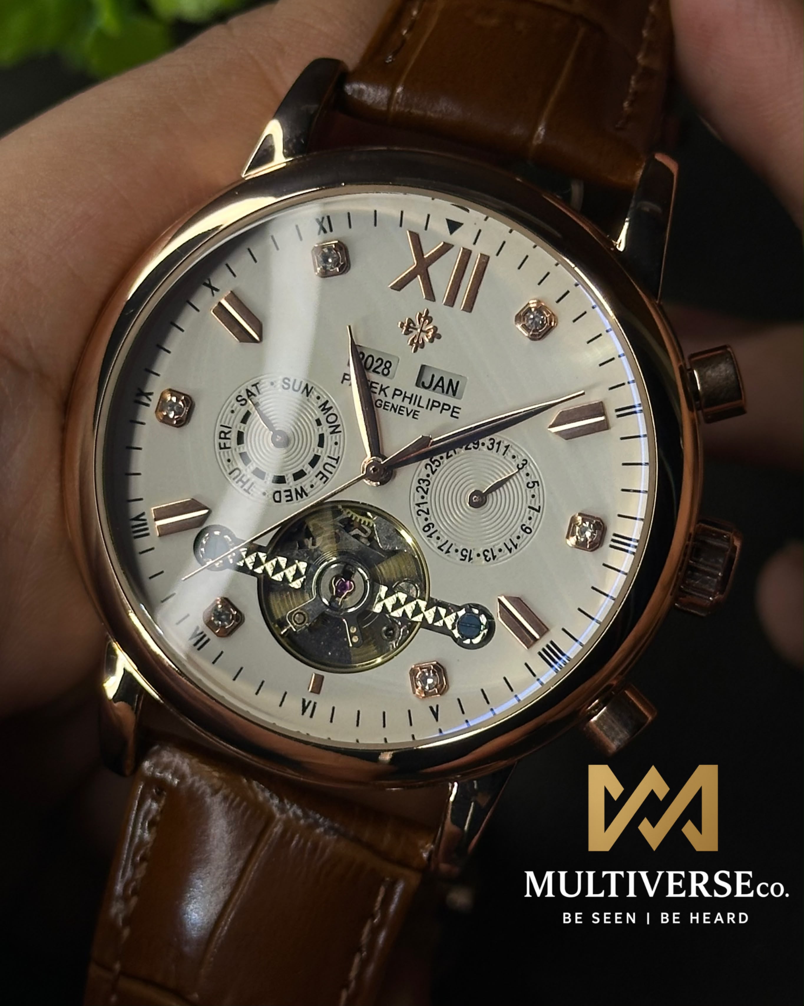 PATEK PHILIPPE GRAND CALENDAR OPEN-HEART PERPETUAL BROWN LEATHER ROSE GOLD TONE WATCH_img_6