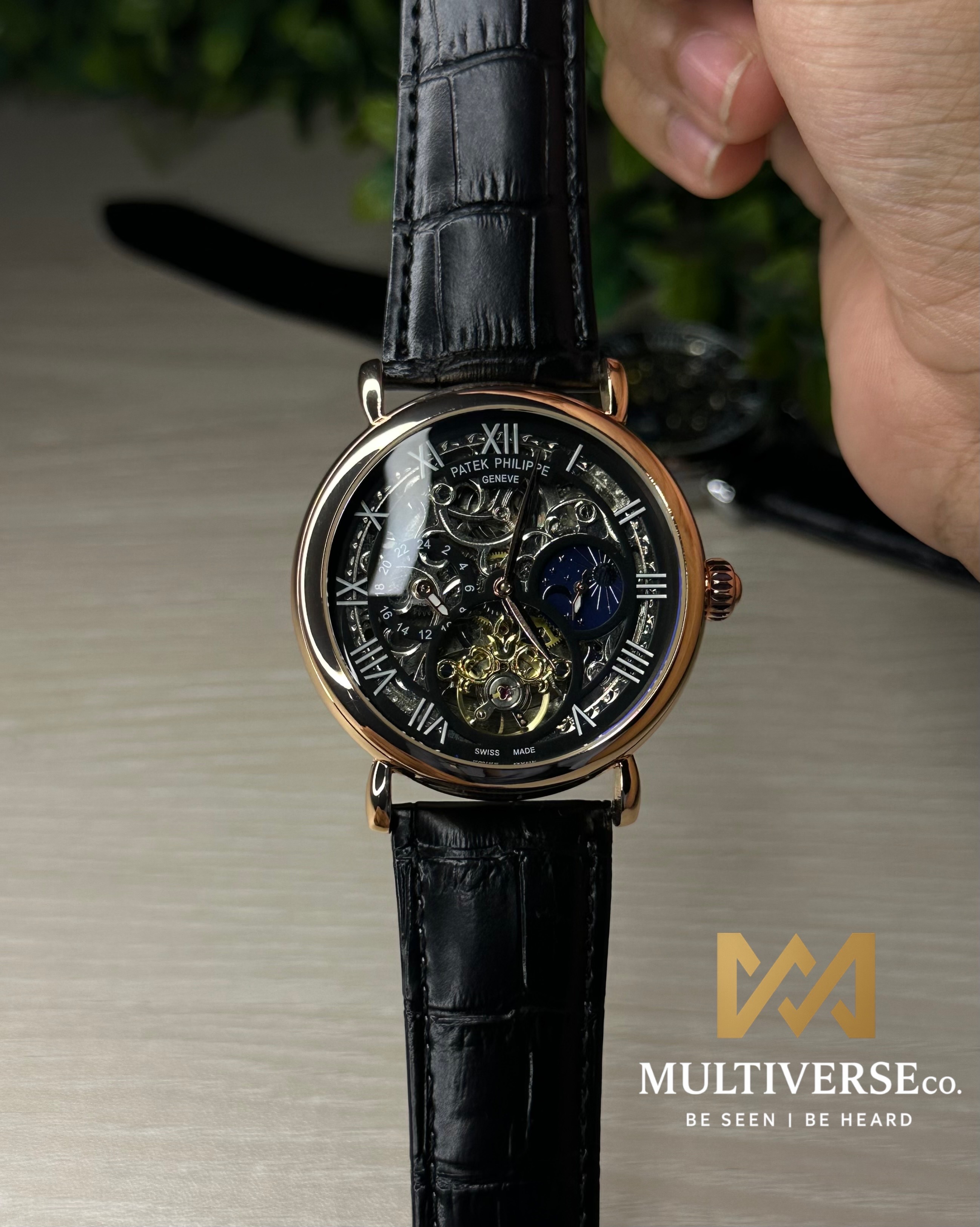 PATEK PHILIPPE SKELETON TOURBILLON BLACK LEATHER GOLDEN TONE BLACK DIAL WATCH_img_5