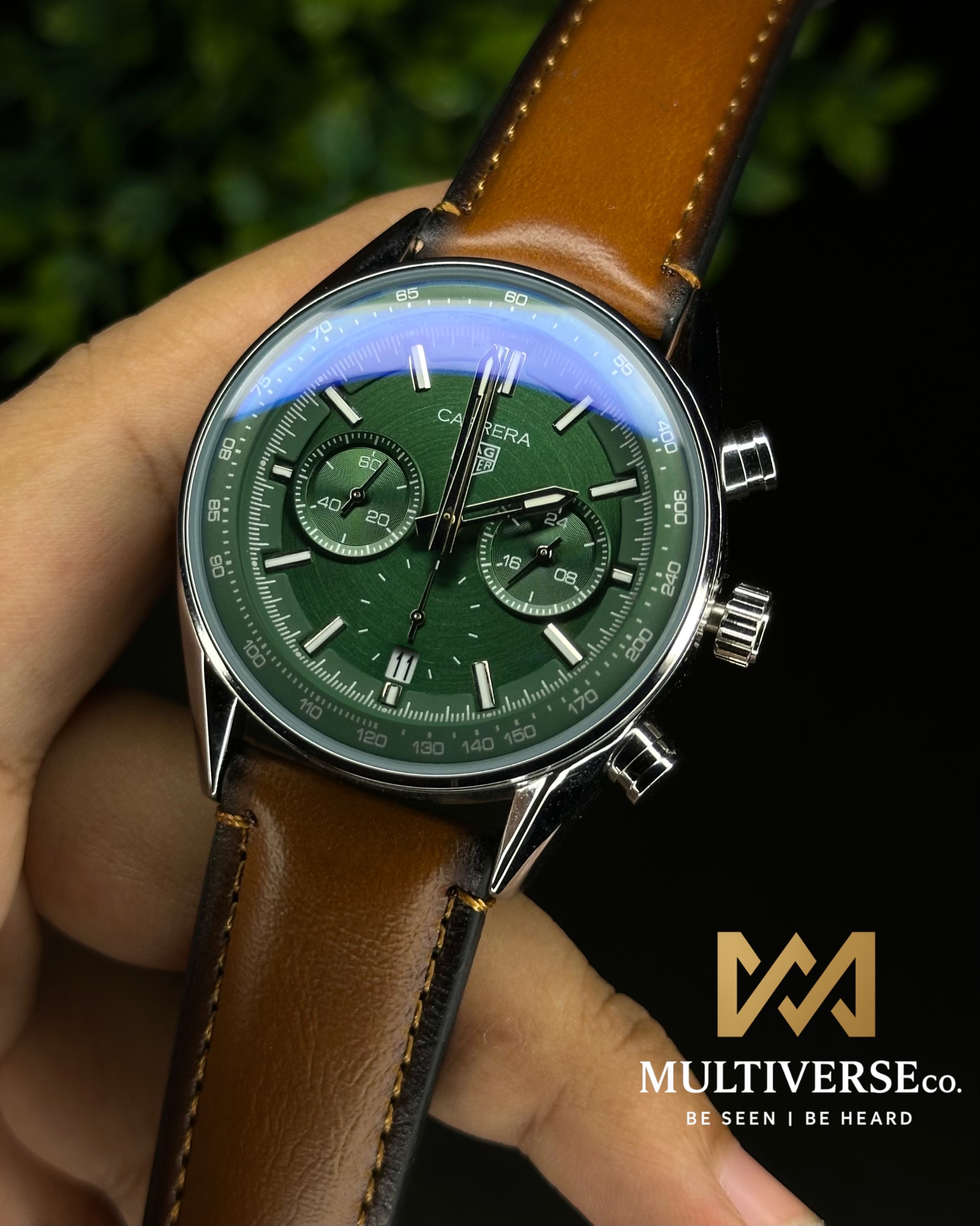 TAG HEUER CARRERA CHRONOGRAPH GREEN DIAL LIGHT BROWN BELT (AA)_img_1