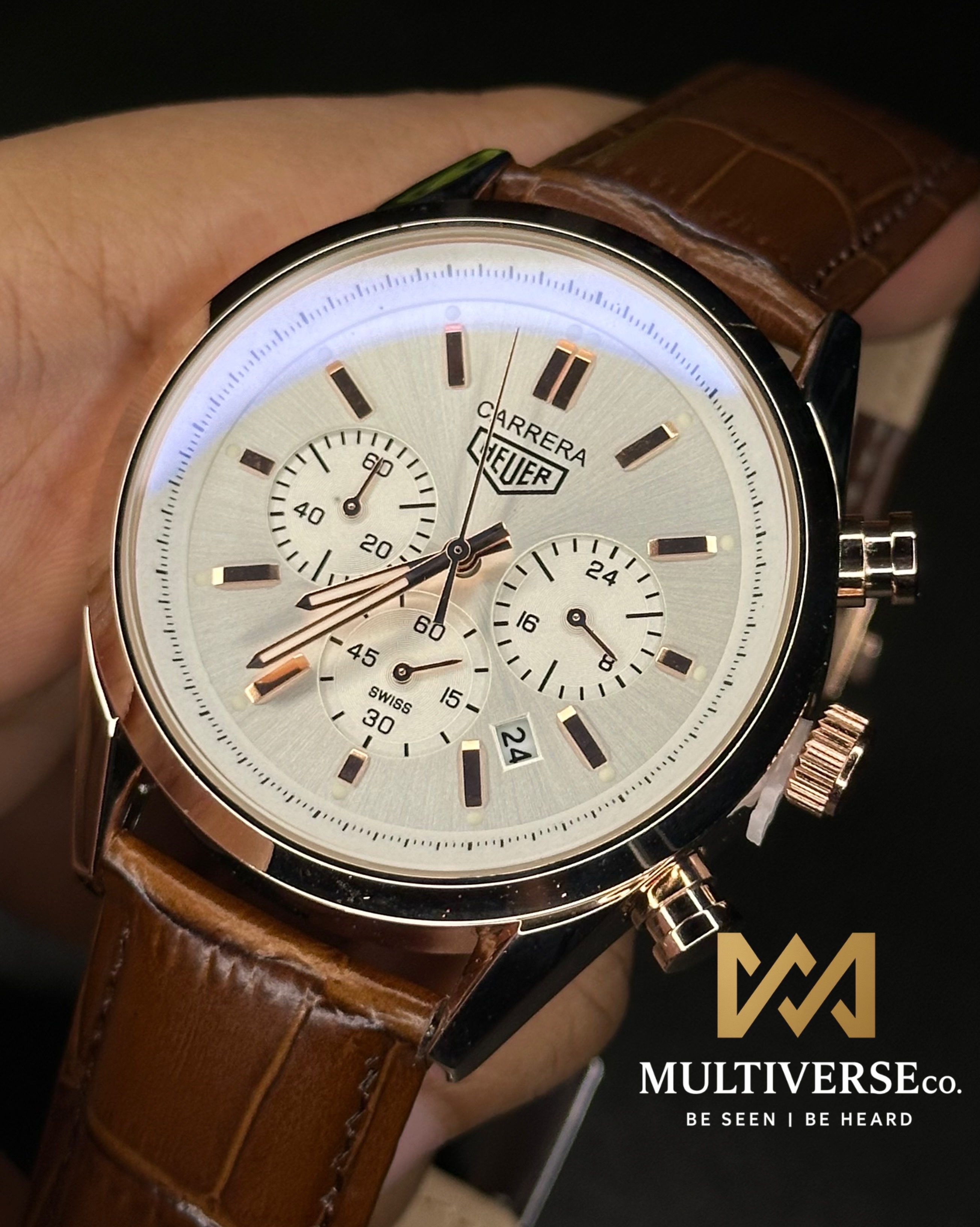 TAG HEUER CARRERA CHRONOGRAPH ROSE GOLD CASE BROWN BELT WHITE DIAL (AA)_img_1