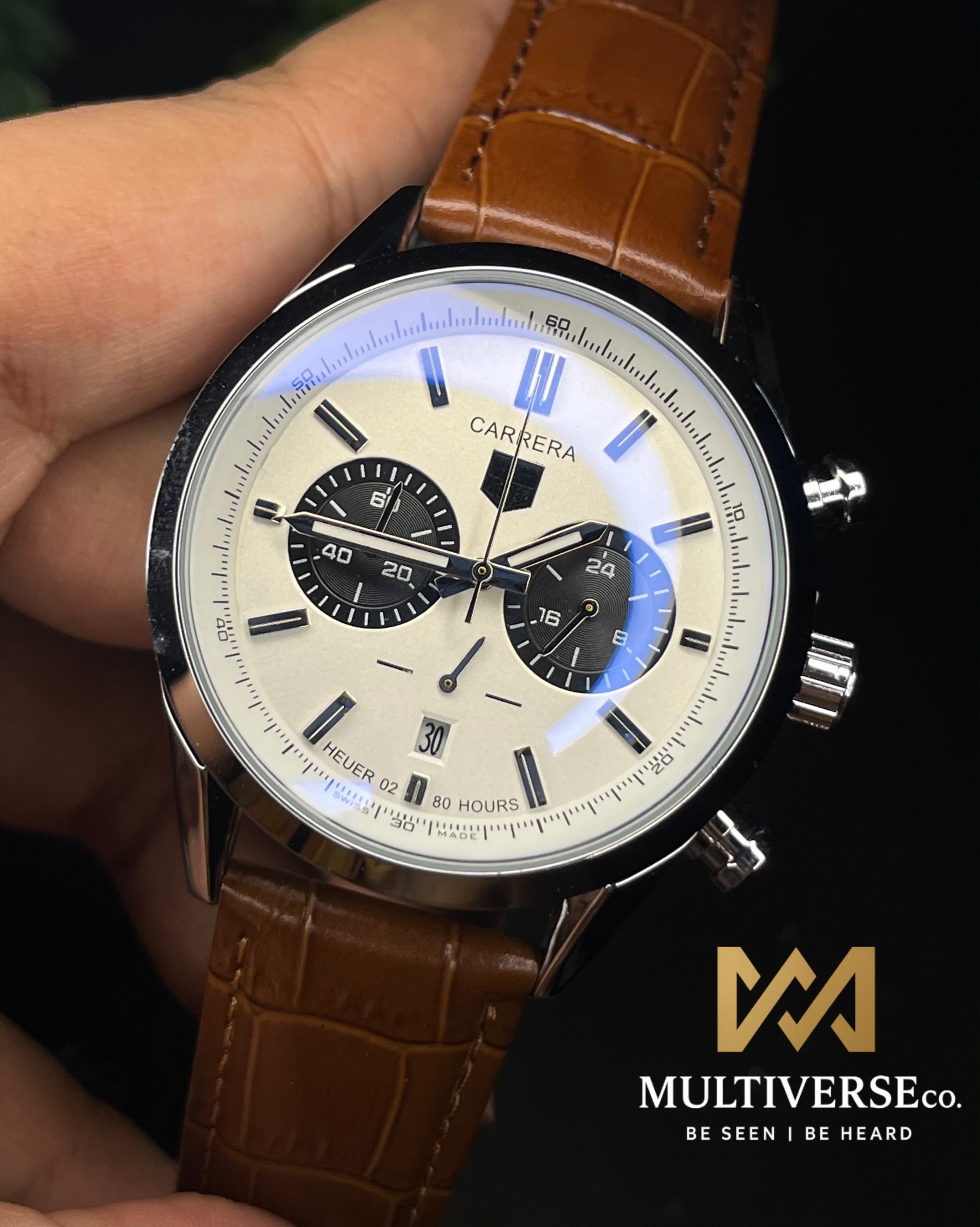 TAG HEUER CARRERA 2 CHRONO PANDA BI-COMPAX BROWN BELT WHITE DIAL BLACK SUB WATCH_img_1