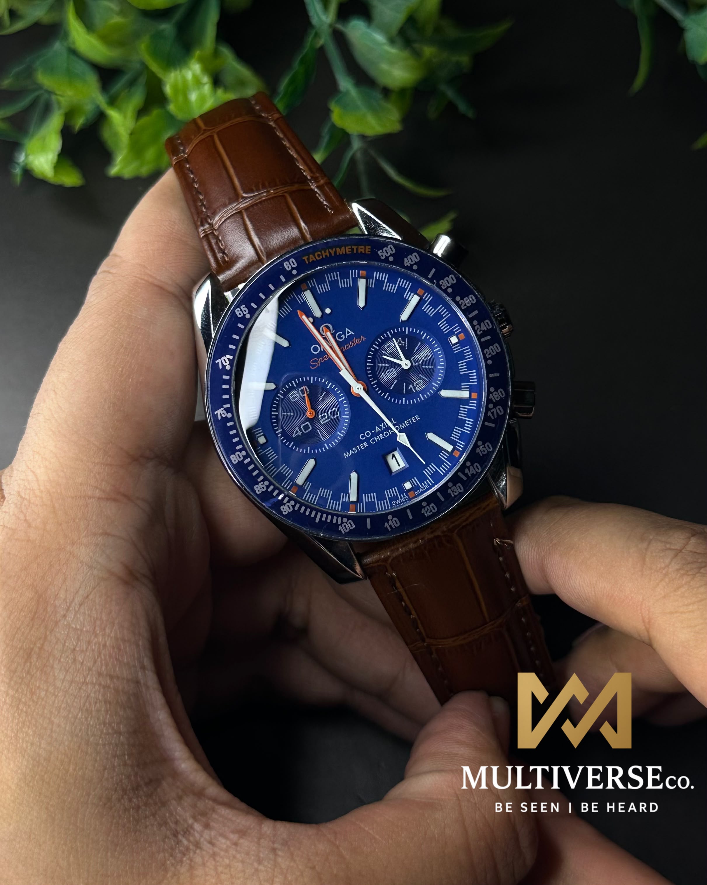 OMEGA SPEEDMASTER RACING CHRONO BROWN LEATHER BLUE DIAL WATCH_img_2