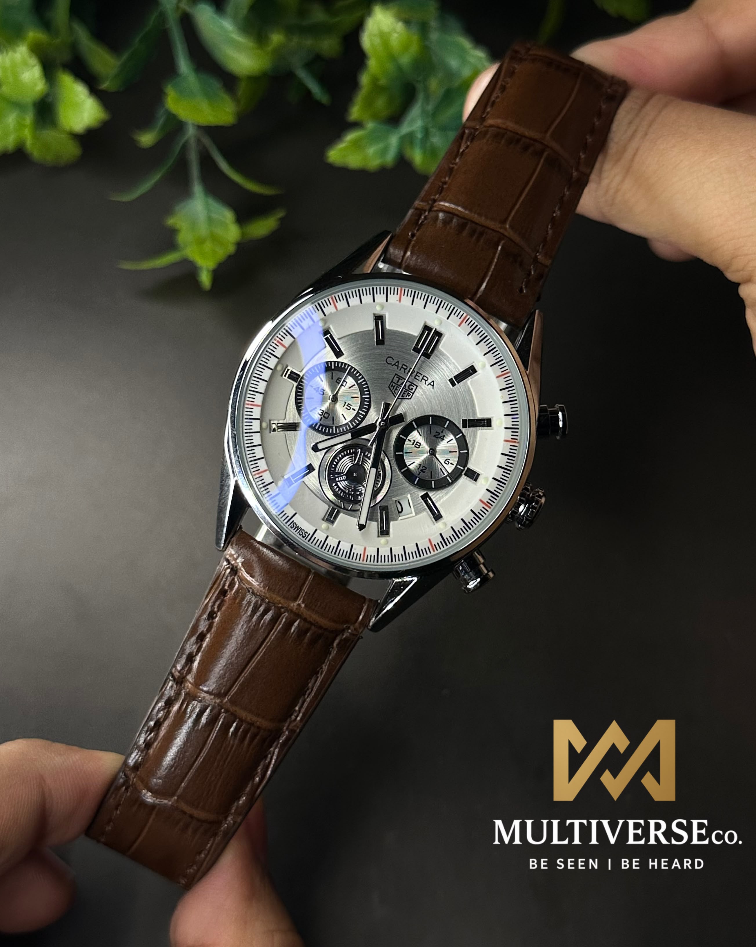 TAG HEUER CARRERA CHRONO BROWN LEATHER WHITE DIAL WATCH_img_3