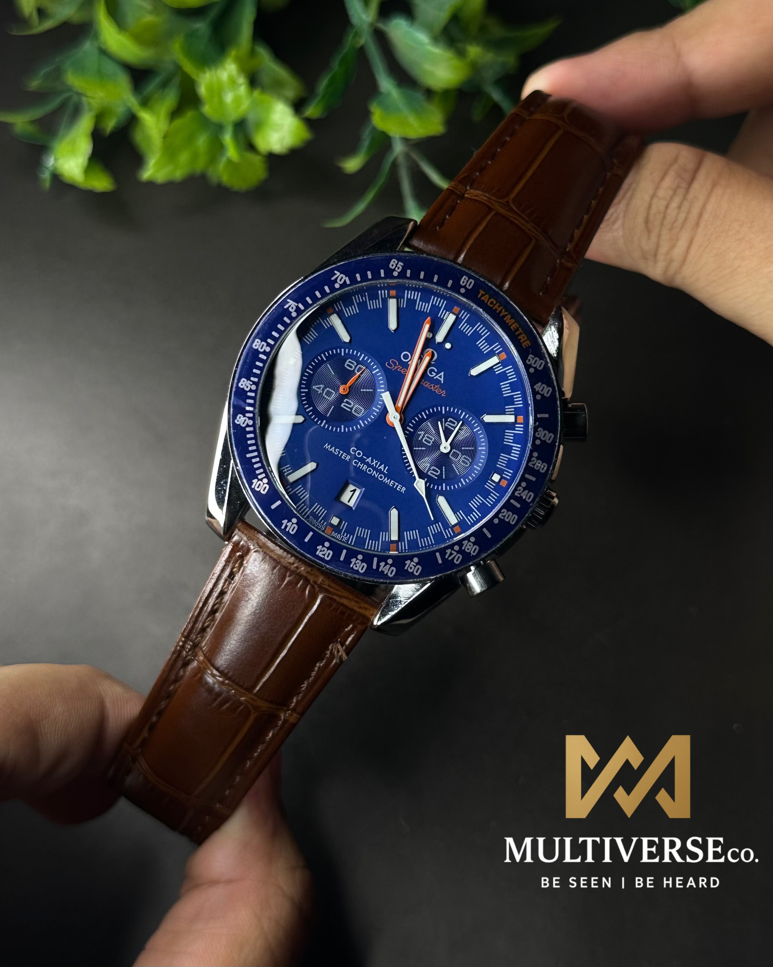 OMEGA SPEEDMASTER RACING CHRONO BROWN LEATHER BLUE DIAL WATCH_img_0